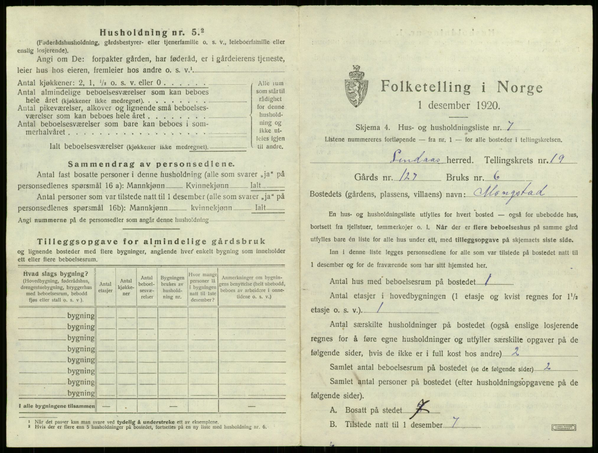 SAB, 1920 census for Lindås, 1920, p. 1357