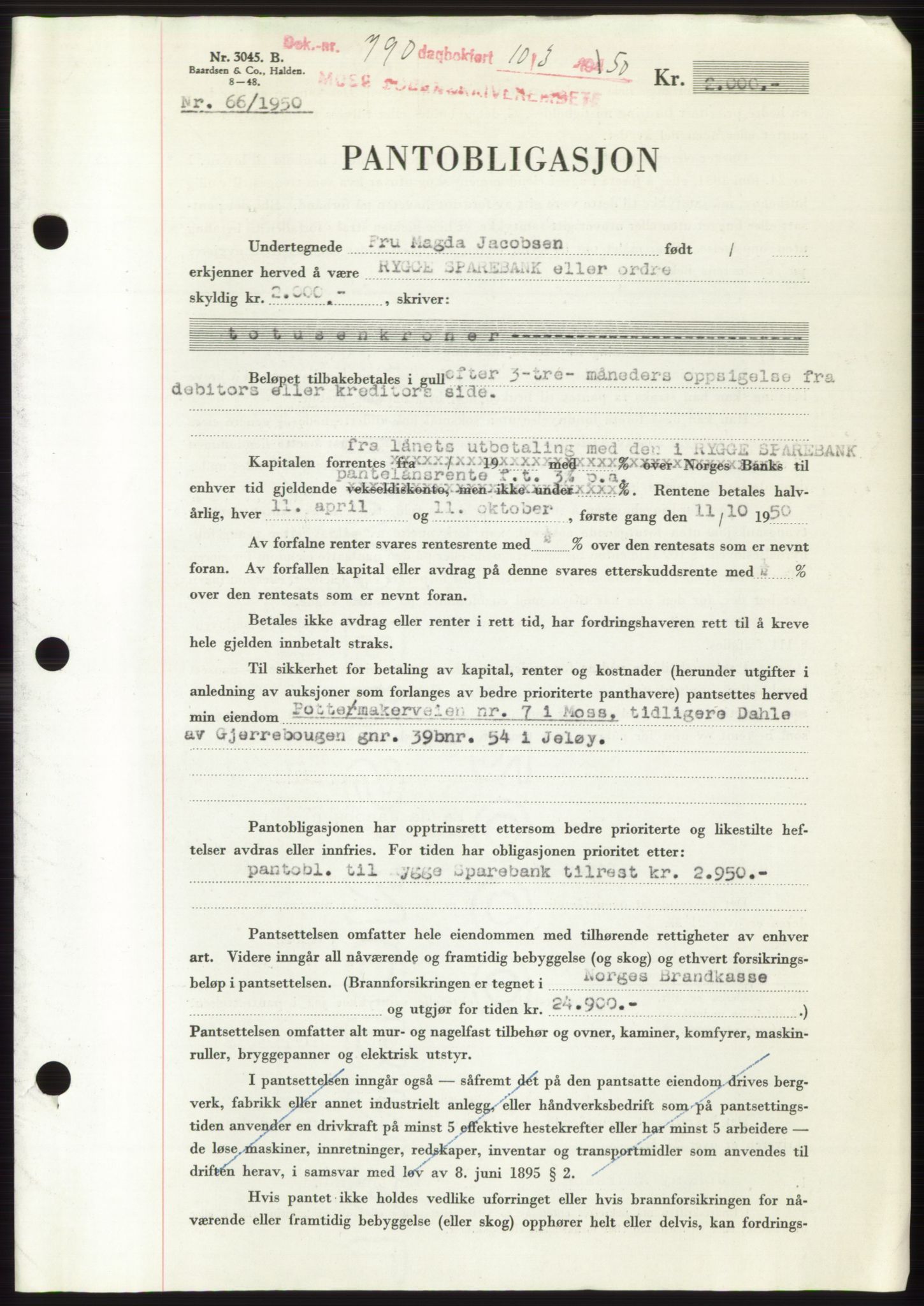 Moss sorenskriveri, SAO/A-10168: Mortgage book no. B23, 1949-1950, Diary no: : 790/1950