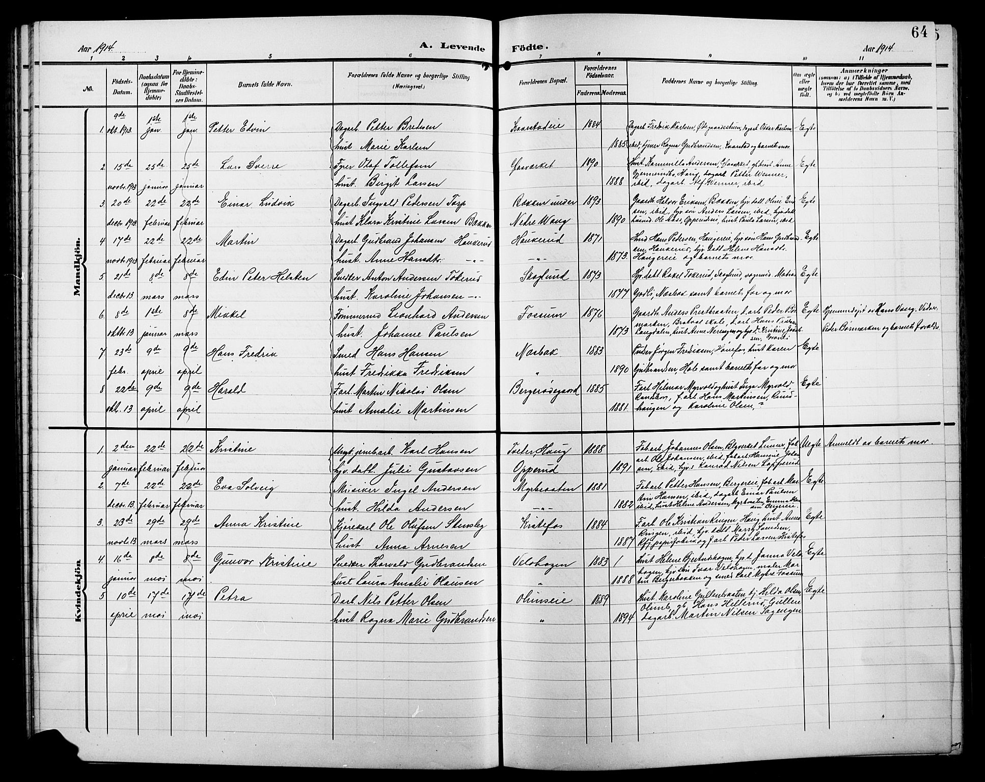 Jevnaker prestekontor, SAH/PREST-116/H/Ha/Hab/L0004: Parish register (copy) no. 4, 1907-1918, p. 64
