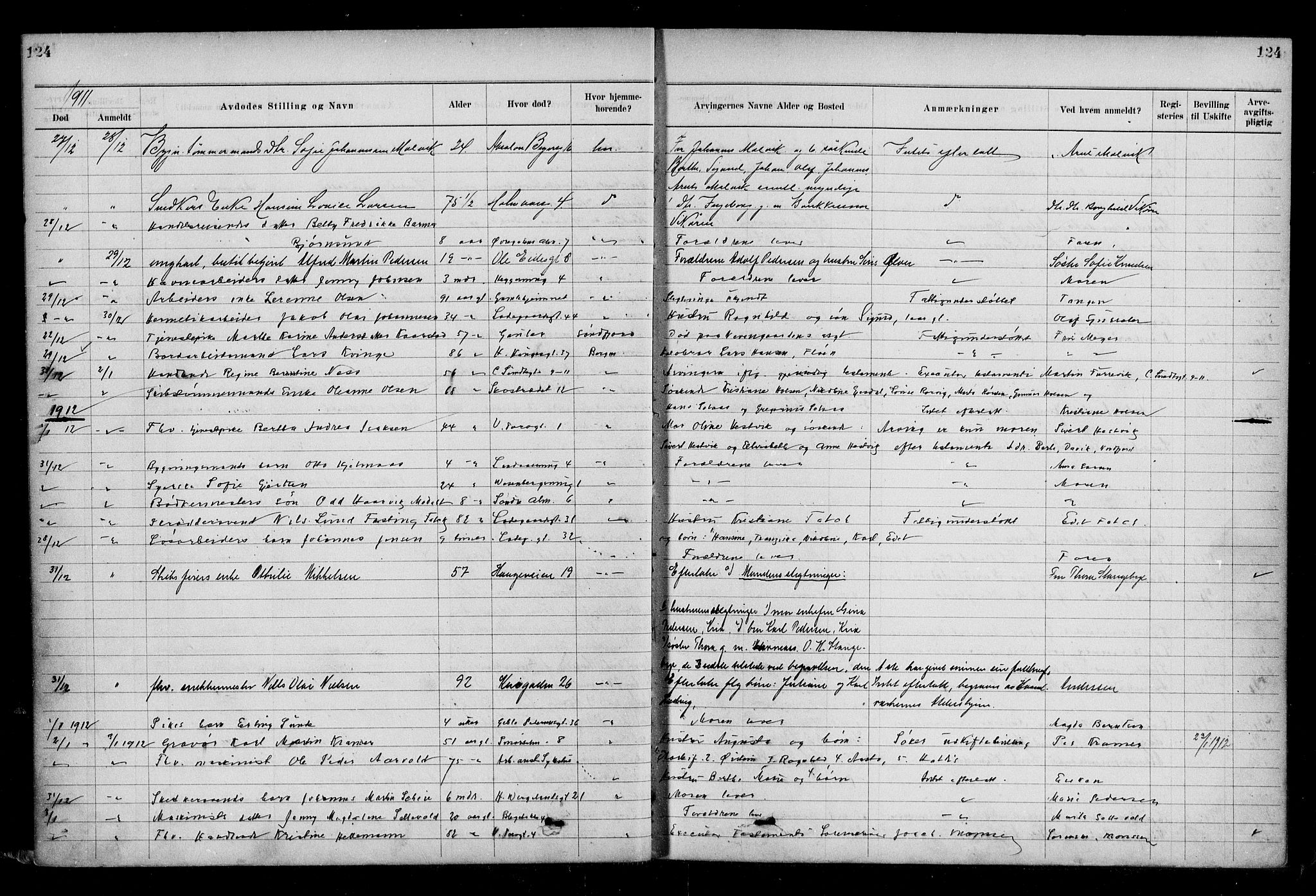 Byfogd og Byskriver i Bergen, AV/SAB-A-3401/06/06Na/L0009: Dødsfallsjournaler, 1910-1915, p. 124