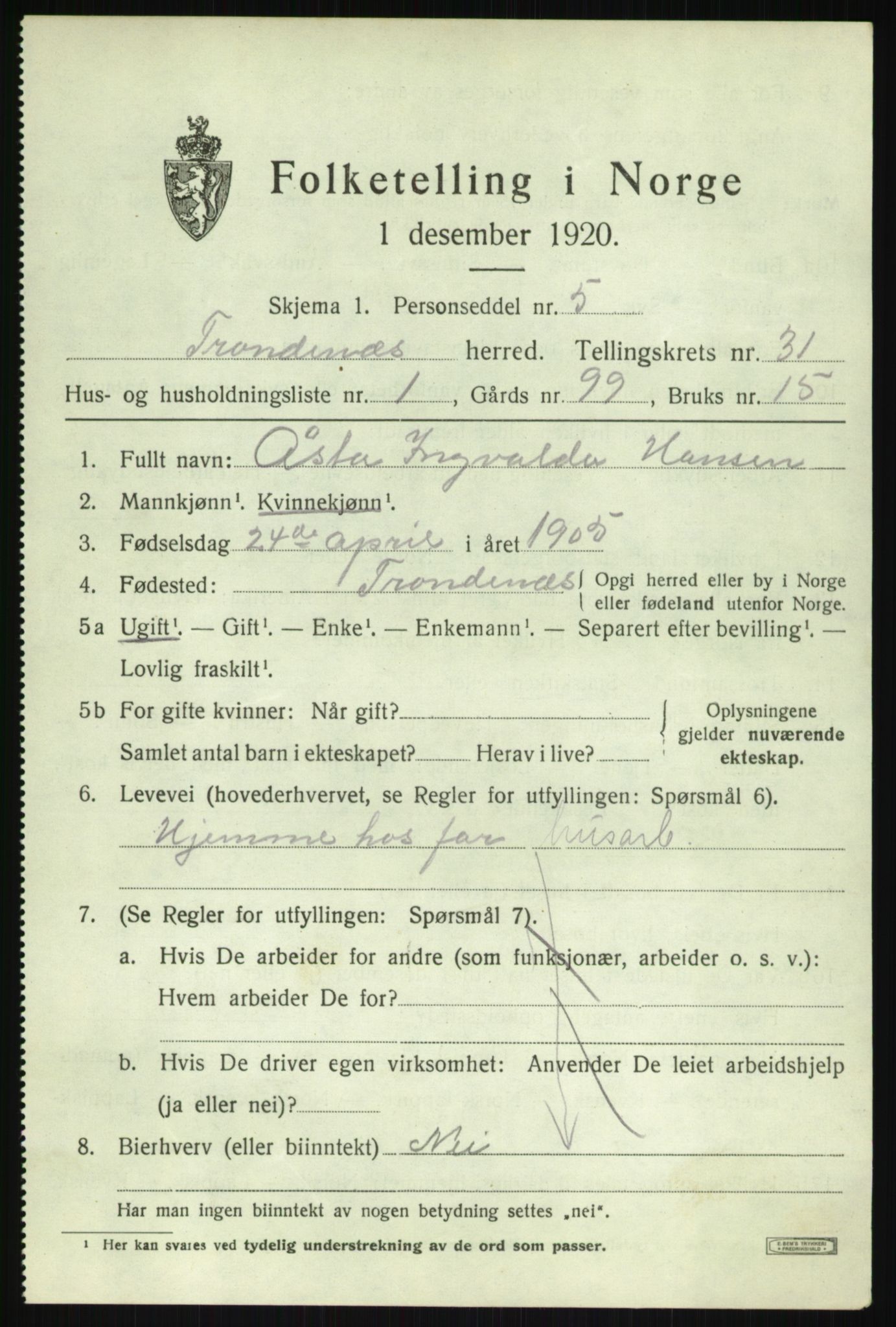 SATØ, 1920 census for Trondenes, 1920, p. 21923