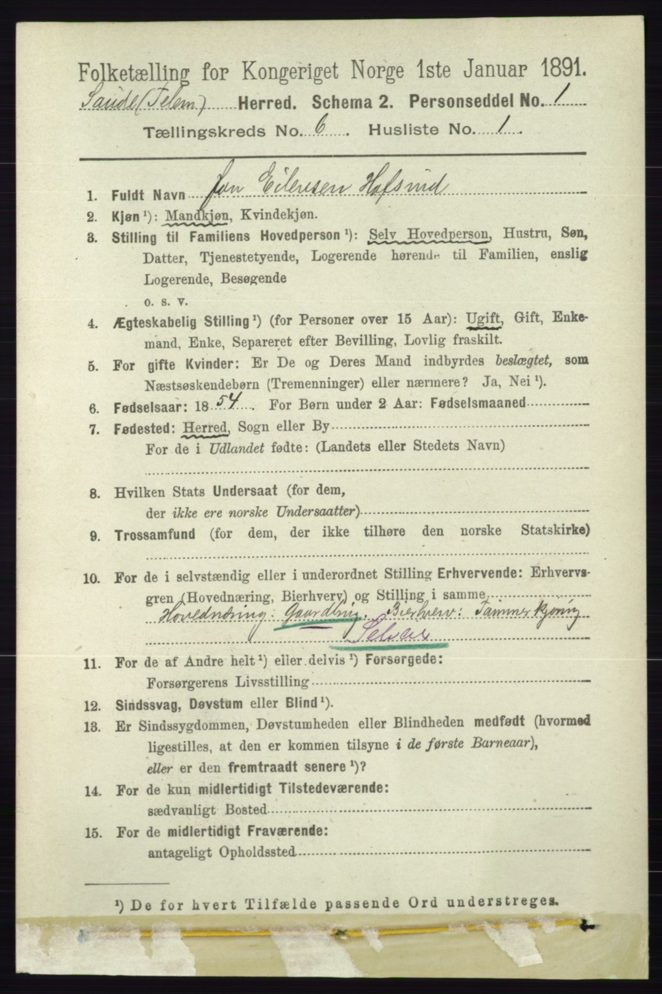 RA, 1891 census for 0822 Sauherad, 1891, p. 1730