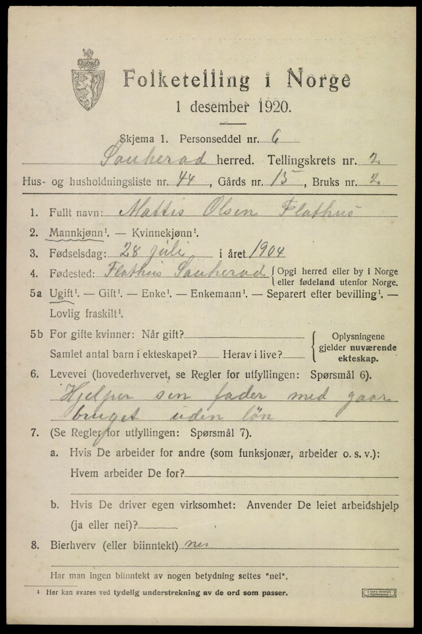 SAKO, 1920 census for Sauherad, 1920, p. 2771