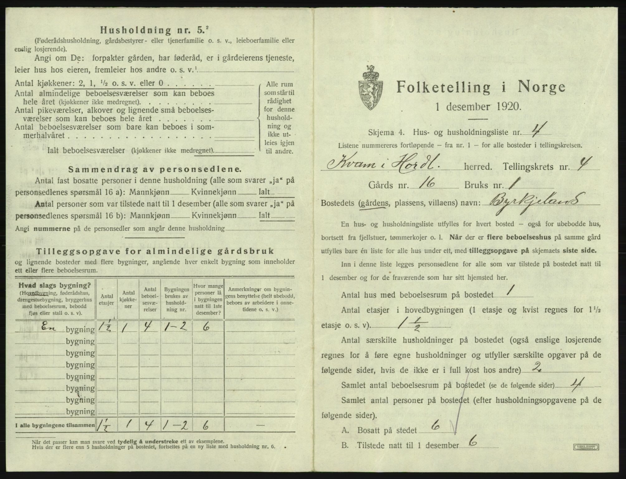 SAB, 1920 census for Kvam, 1920, p. 309