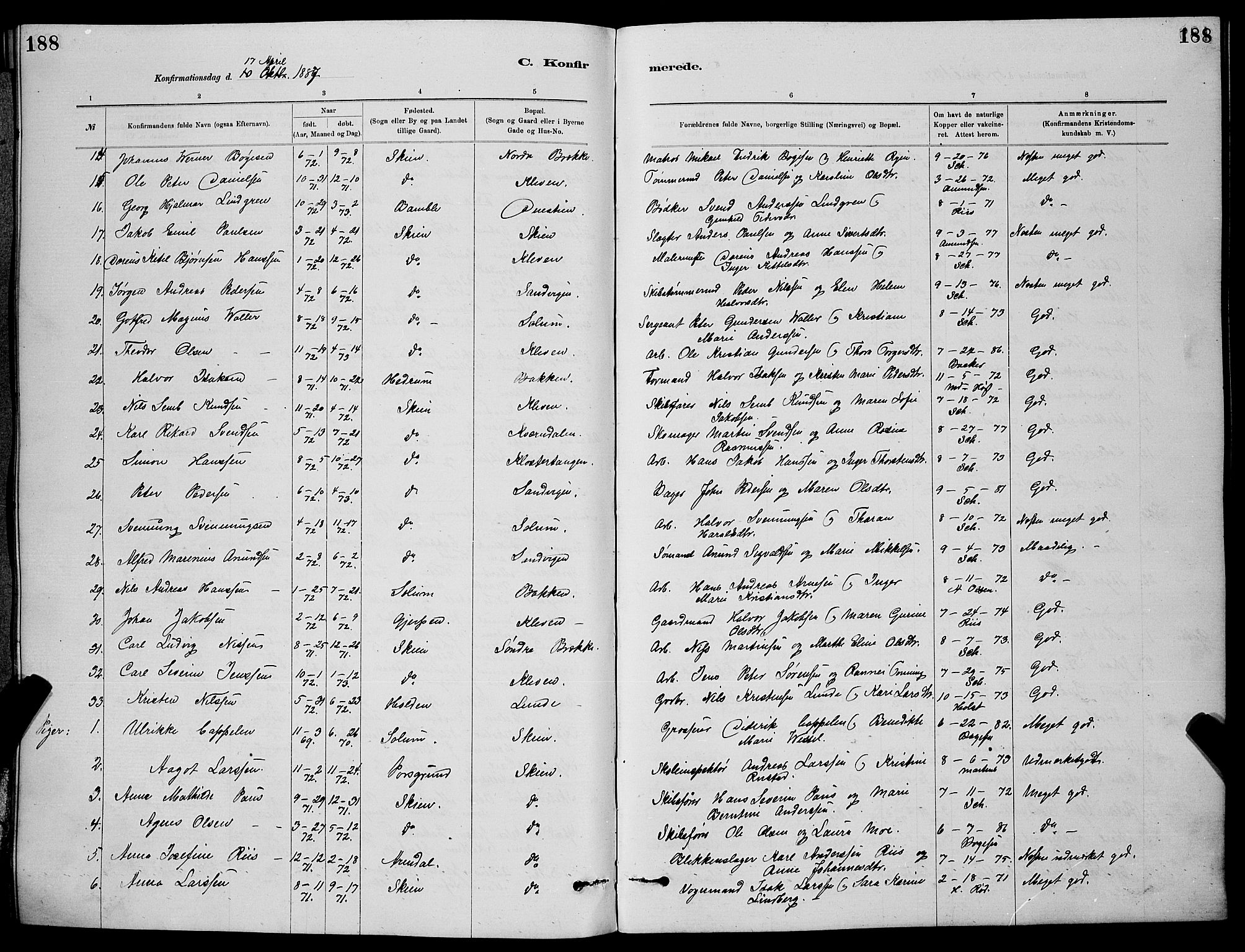 Skien kirkebøker, SAKO/A-302/G/Ga/L0006: Parish register (copy) no. 6, 1881-1890, p. 188