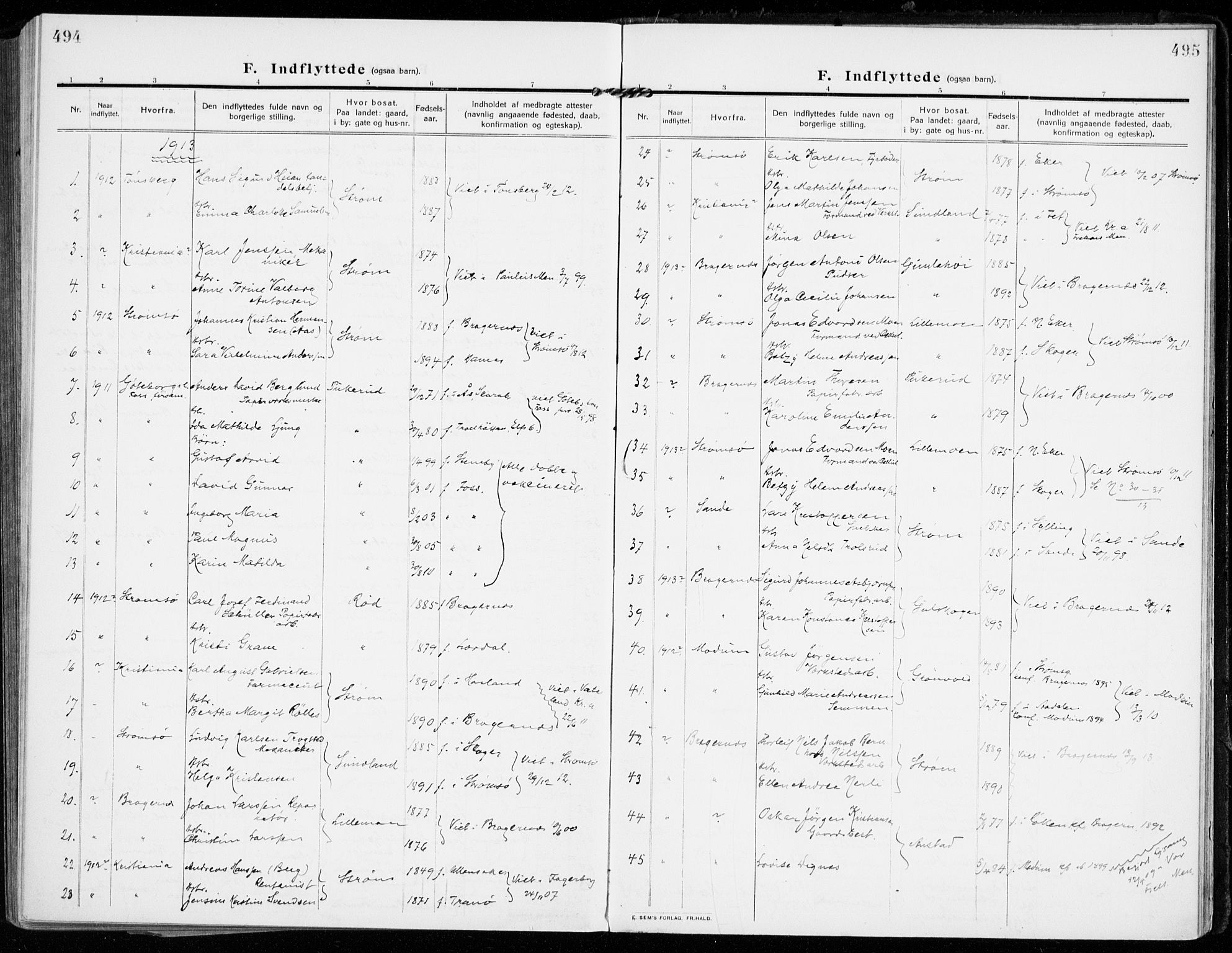 Strømsgodset kirkebøker, SAKO/A-324/F/Fa/L0002: Parish register (official) no. 2, 1910-1920, p. 494-495