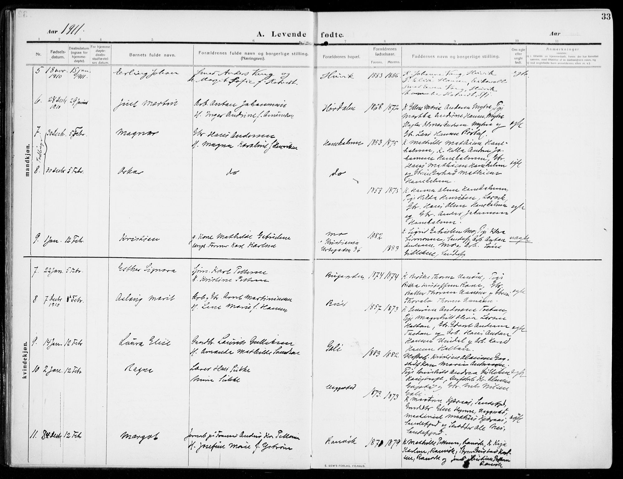 Sandar kirkebøker, AV/SAKO-A-243/F/Fa/L0016: Parish register (official) no. 16, 1909-1919, p. 33