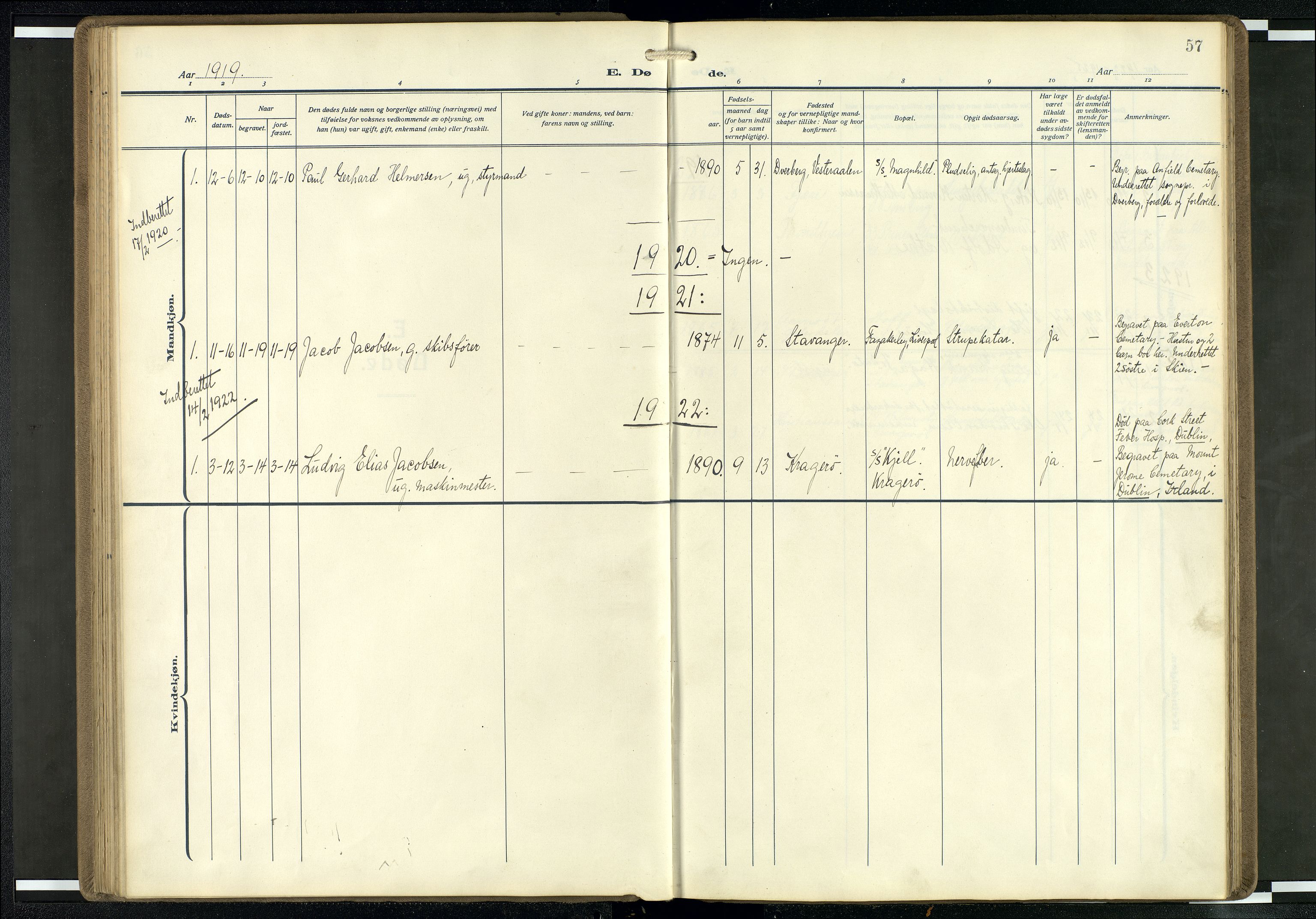 Den norske sjømannsmisjon i utlandet/Mersey-havnene (Liverpool), SAB/SAB/PA-0104/H/Ha/L0001: Parish register (official) no. A 1, 1919-1954, p. 56b-57a