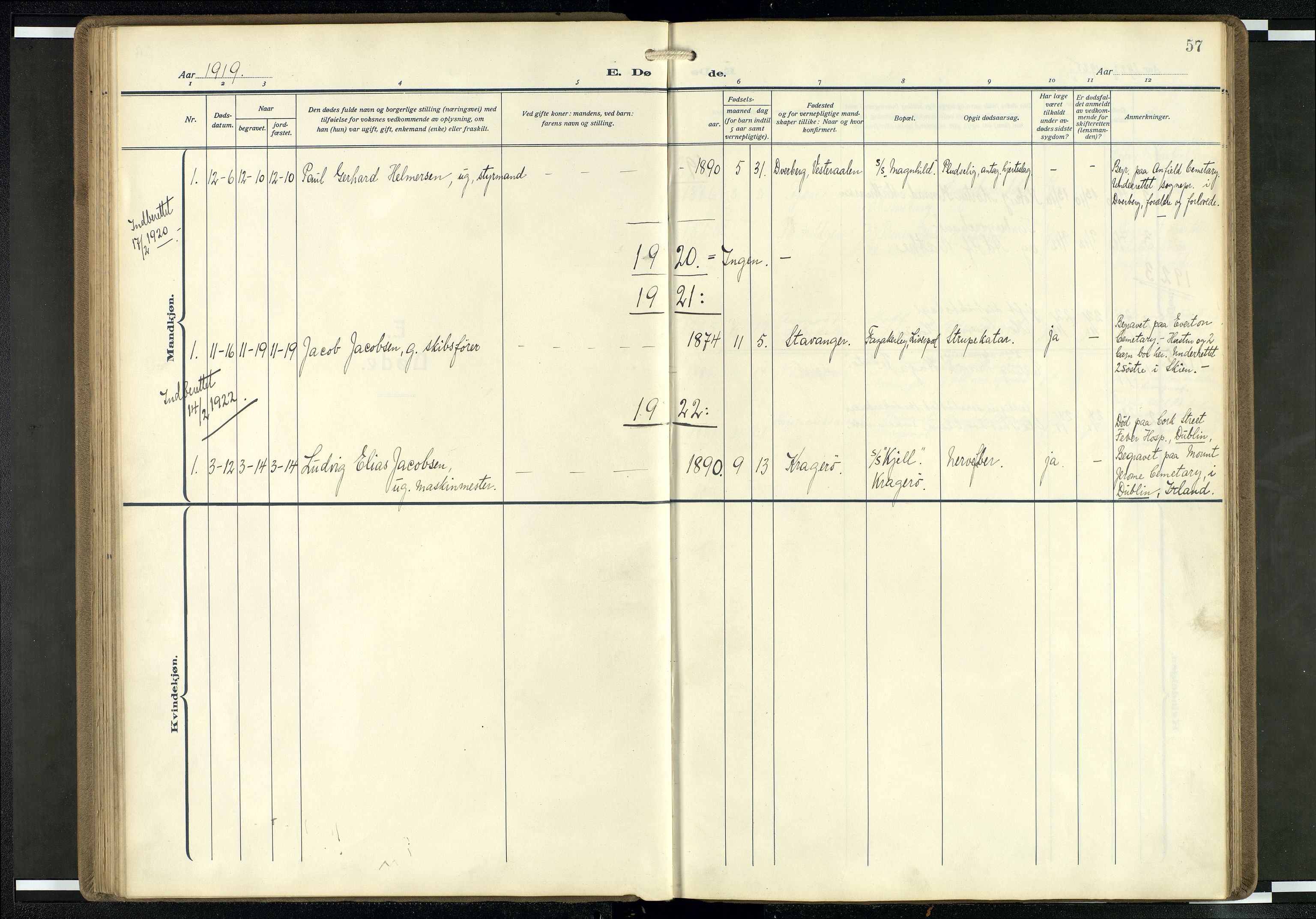 Den norske sjømannsmisjon i utlandet/Mersey-havnene (Liverpool), AV/SAB-SAB/PA-0104/H/Ha/L0001: Parish register (official) no. A 1, 1919-1954, p. 56b-57a