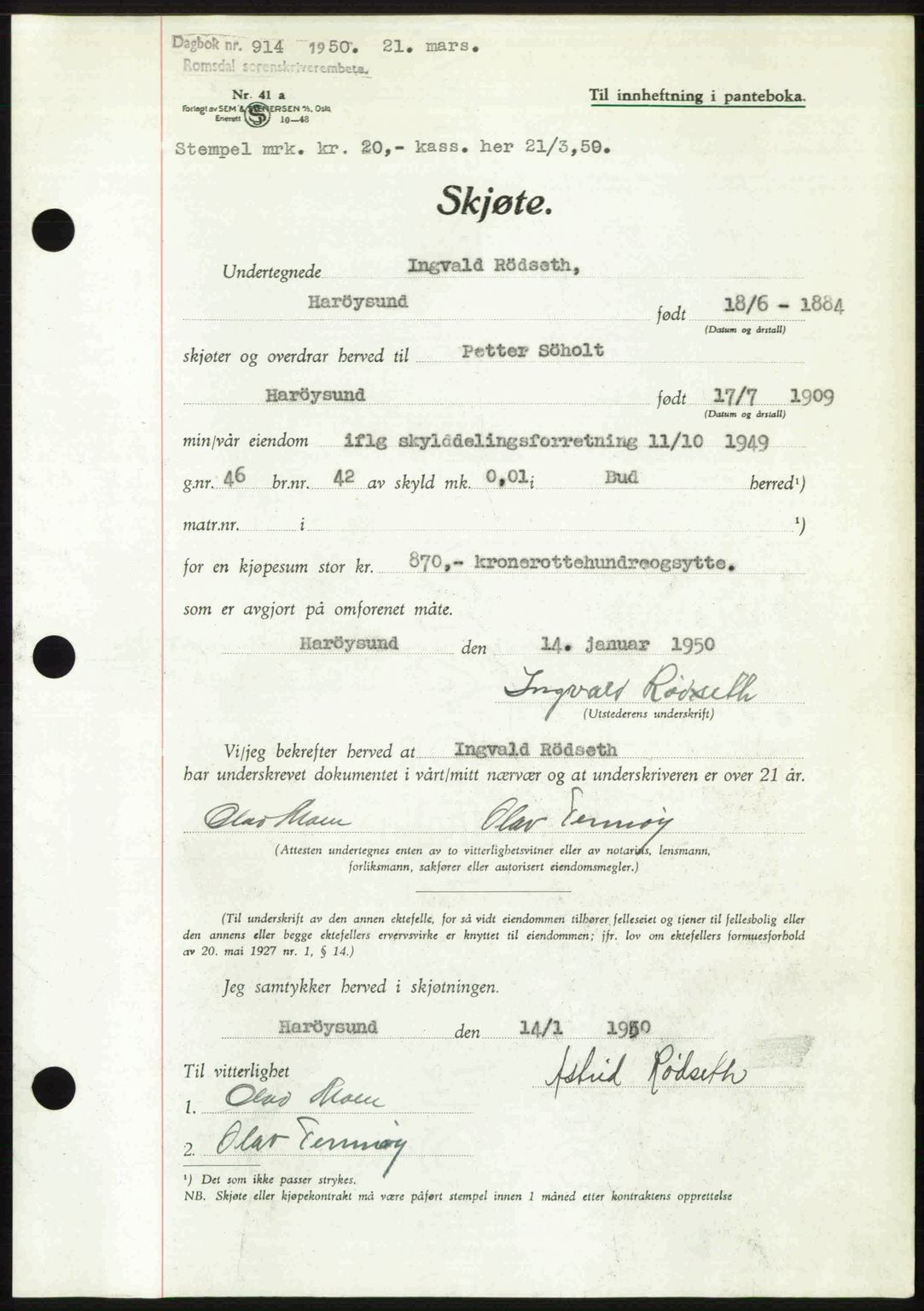 Romsdal sorenskriveri, AV/SAT-A-4149/1/2/2C: Mortgage book no. A32, 1950-1950, Diary no: : 914/1950