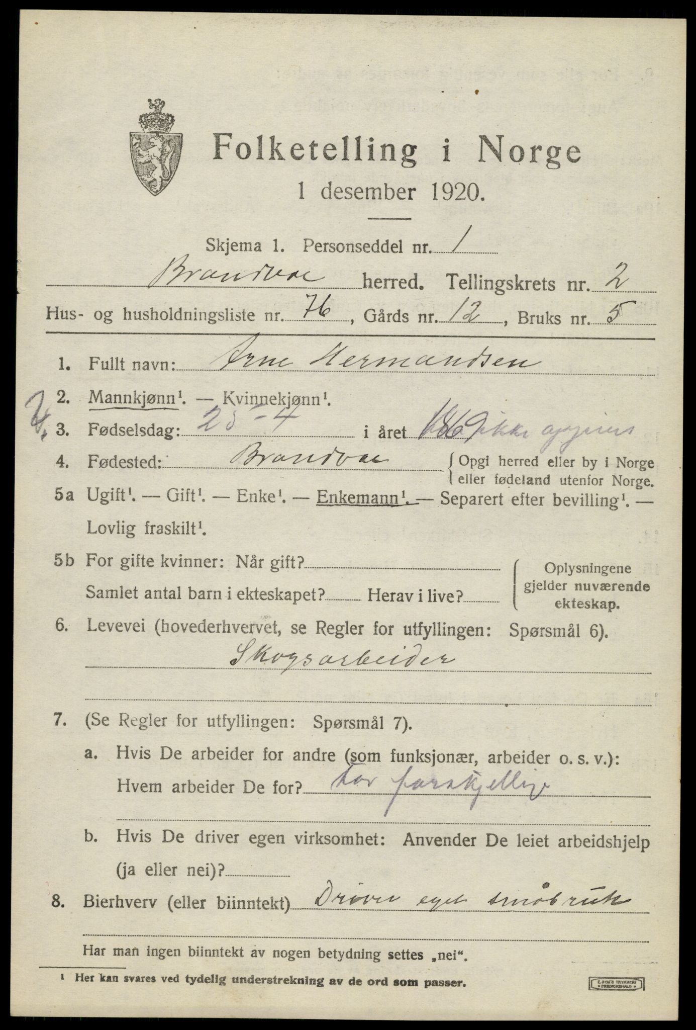 SAH, 1920 census for Brandval, 1920, p. 3004