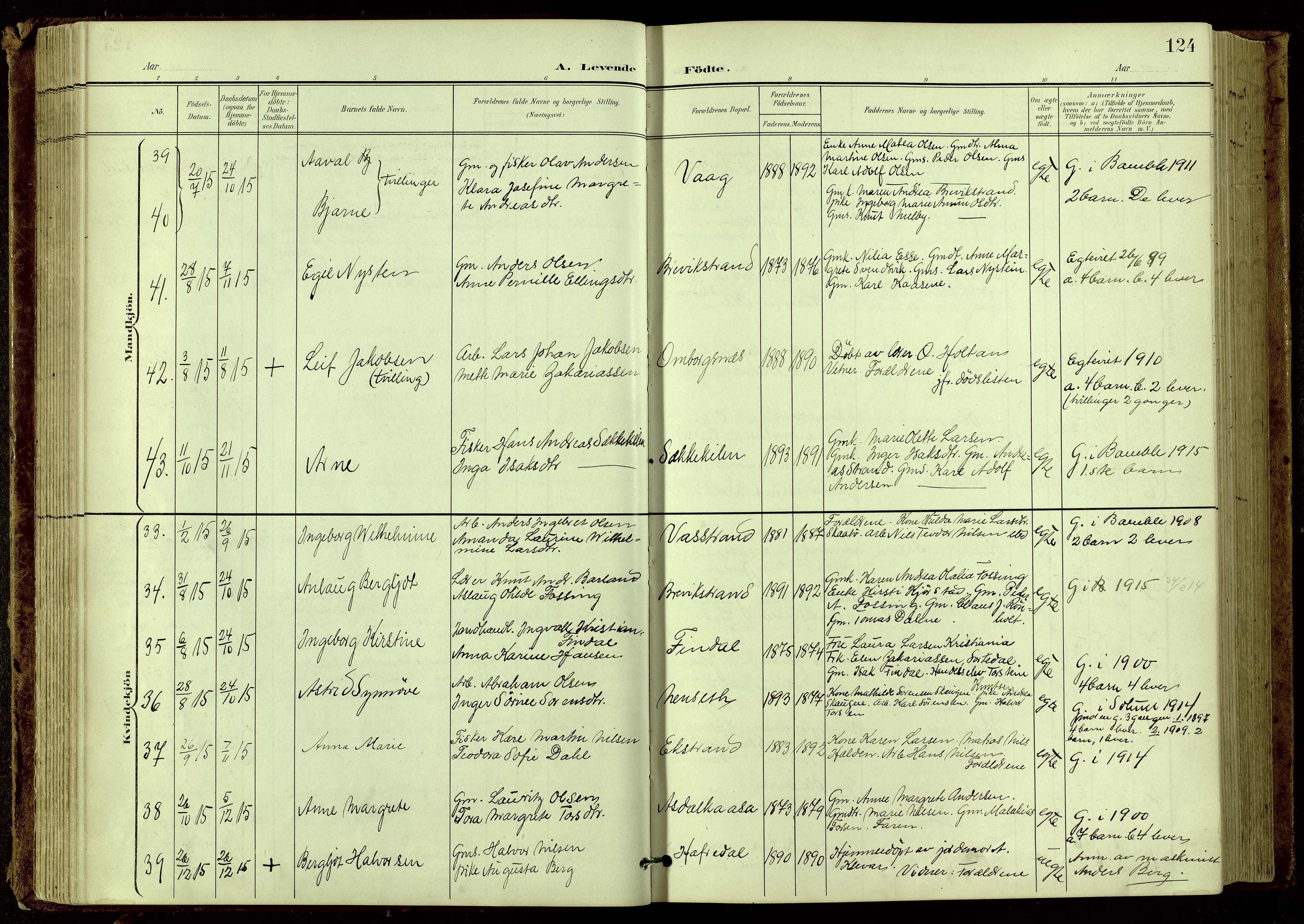 Bamble kirkebøker, SAKO/A-253/G/Ga/L0010: Parish register (copy) no. I 10, 1901-1919, p. 124