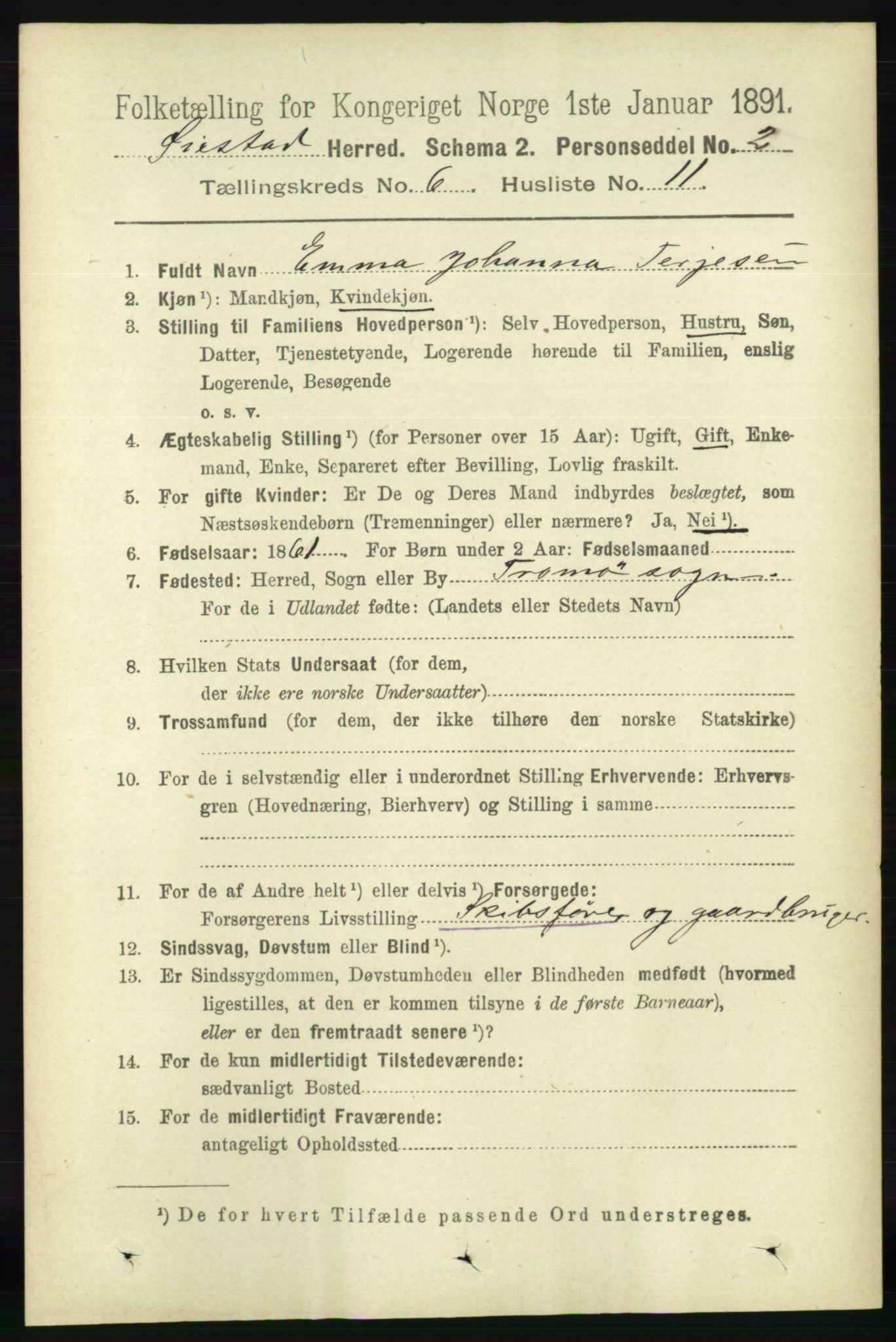 RA, 1891 census for 0920 Øyestad, 1891, p. 2193