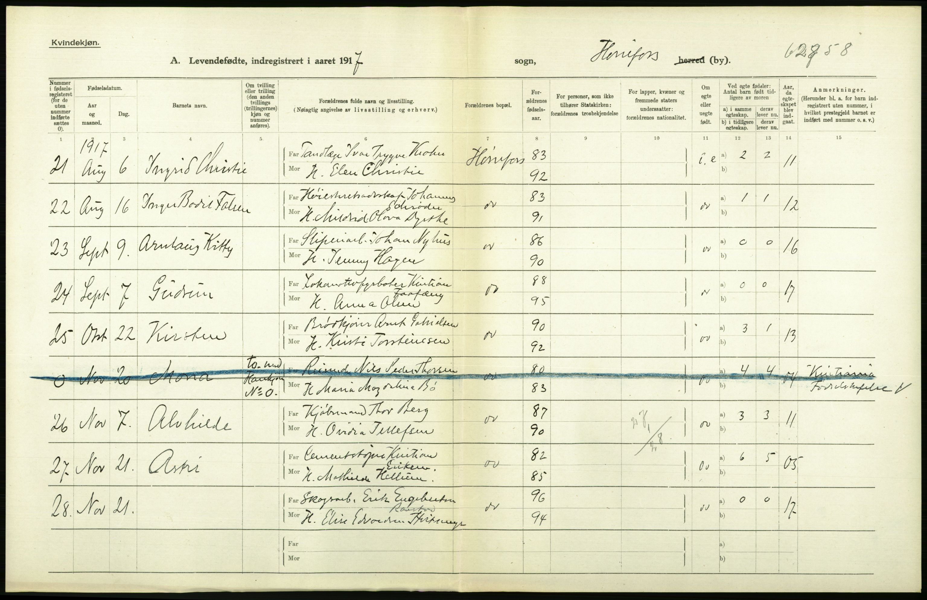 Statistisk sentralbyrå, Sosiodemografiske emner, Befolkning, AV/RA-S-2228/D/Df/Dfb/Dfbg/L0019: Buskeruds amt: Levendefødte menn og kvinner. Byer, samt gifte. Bygder og byer., 1917, p. 60