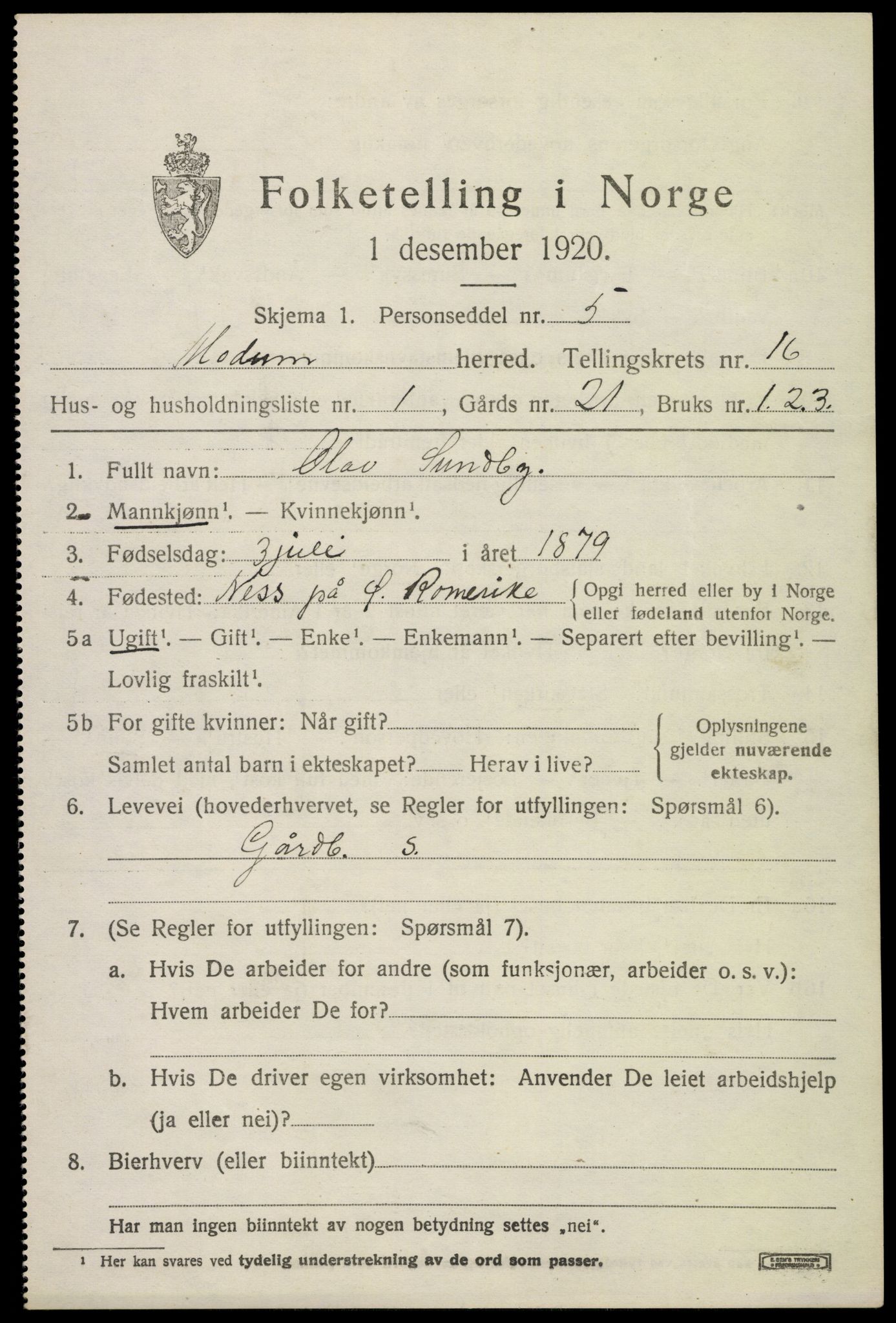 SAKO, 1920 census for Modum, 1920, p. 19425