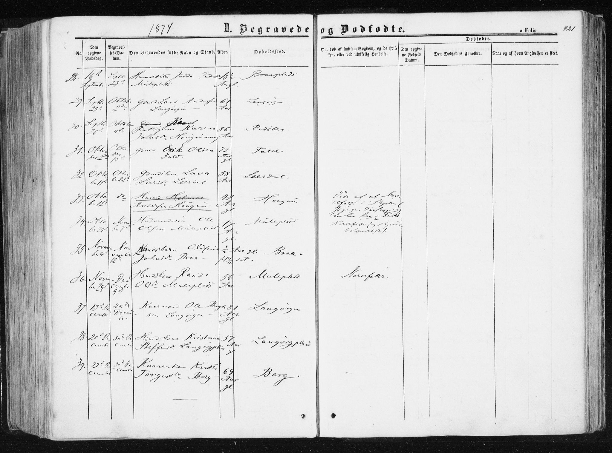 Ministerialprotokoller, klokkerbøker og fødselsregistre - Sør-Trøndelag, SAT/A-1456/612/L0377: Parish register (official) no. 612A09, 1859-1877, p. 421