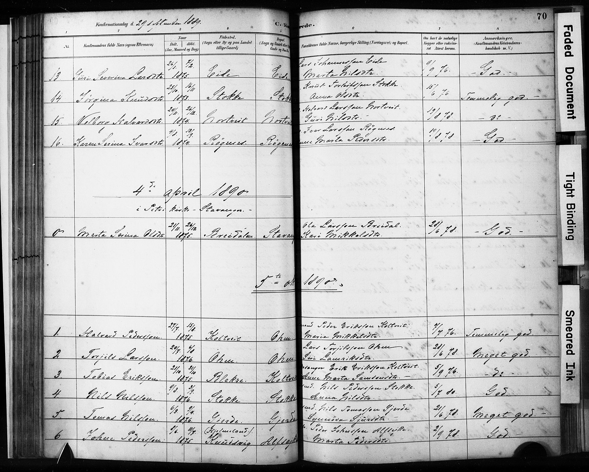 Skjold sokneprestkontor, AV/SAST-A-101847/H/Ha/Haa/L0009: Parish register (official) no. A 9, 1882-1898, p. 70