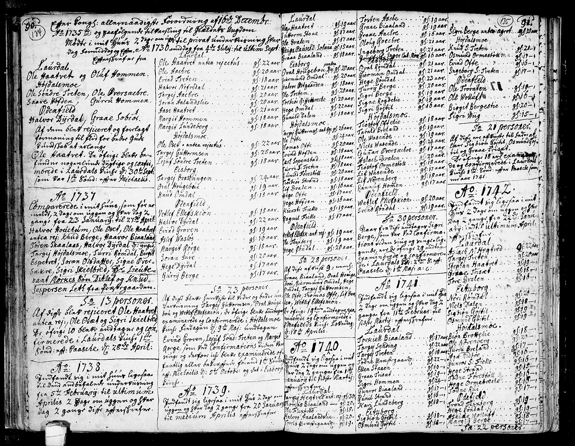 Lårdal kirkebøker, SAKO/A-284/F/Fa/L0002: Parish register (official) no. I 2, 1734-1754, p. 134-135
