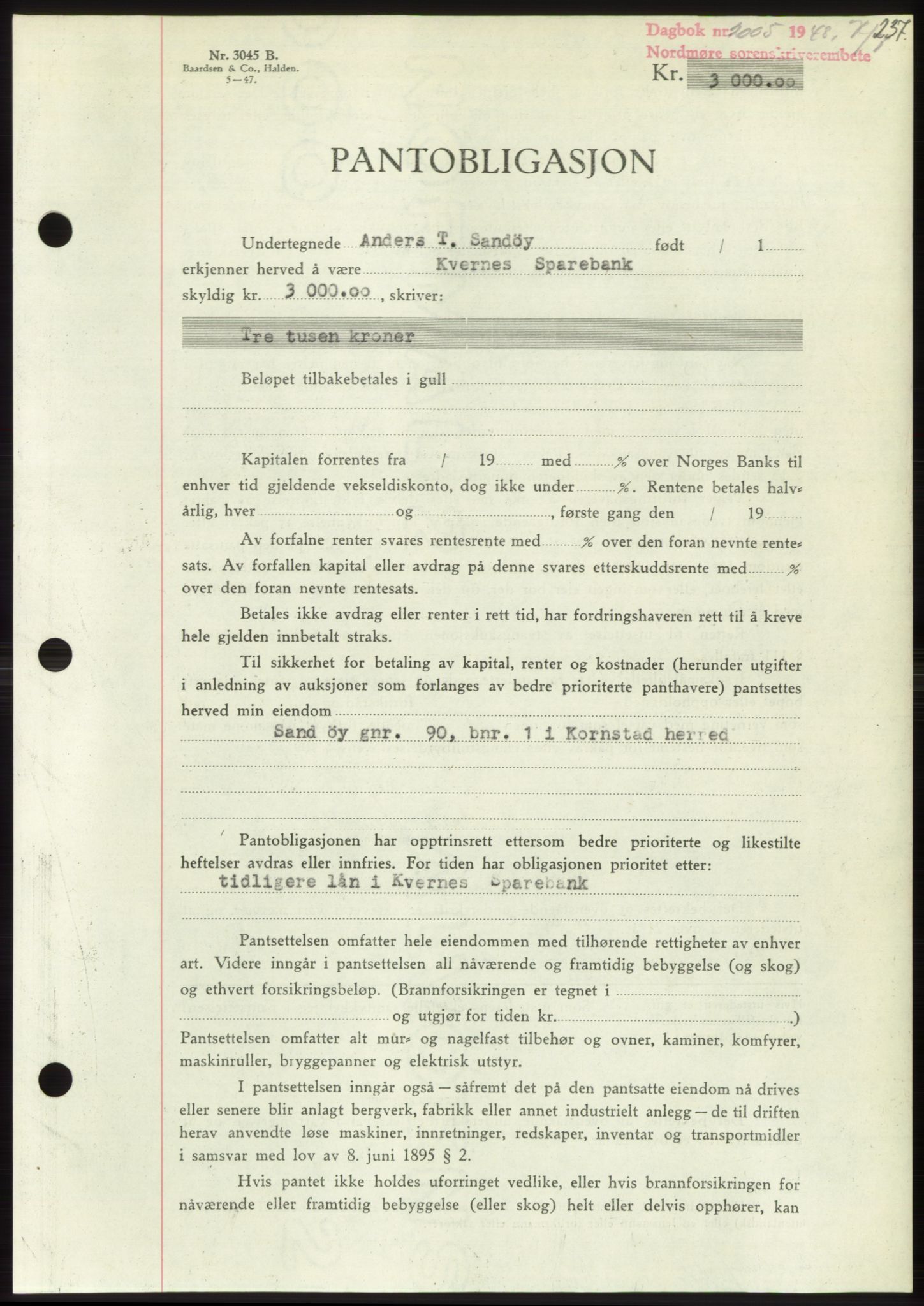 Nordmøre sorenskriveri, AV/SAT-A-4132/1/2/2Ca: Mortgage book no. B99, 1948-1948, Diary no: : 2005/1948