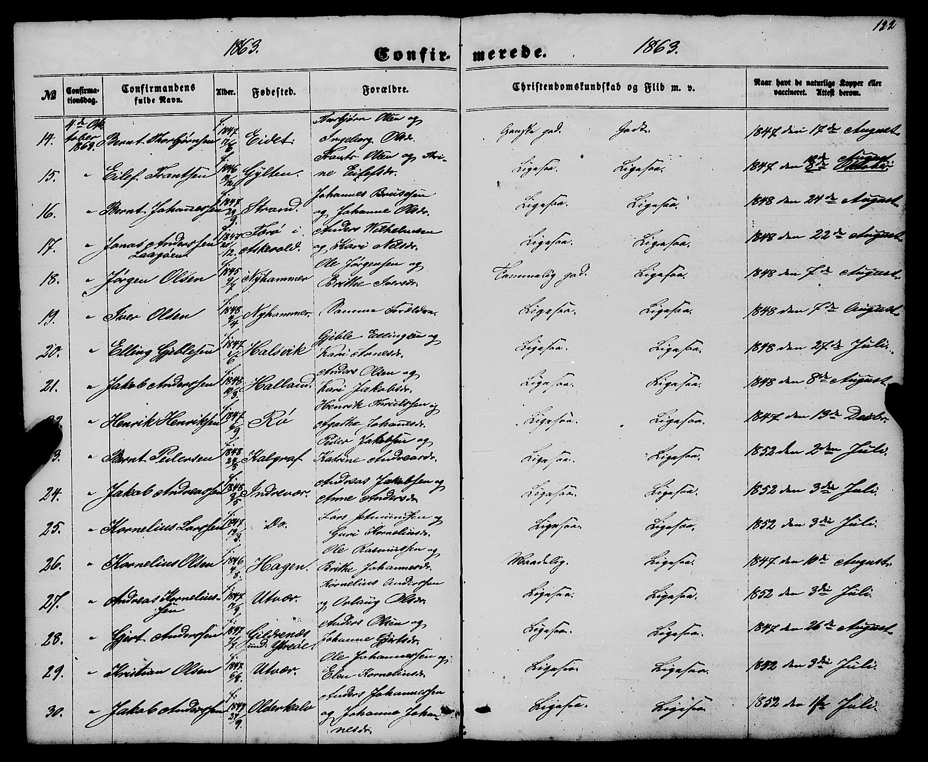 Gulen sokneprestembete, AV/SAB-A-80201/H/Haa/Haaa/L0022: Parish register (official) no. A 22, 1859-1869, p. 122