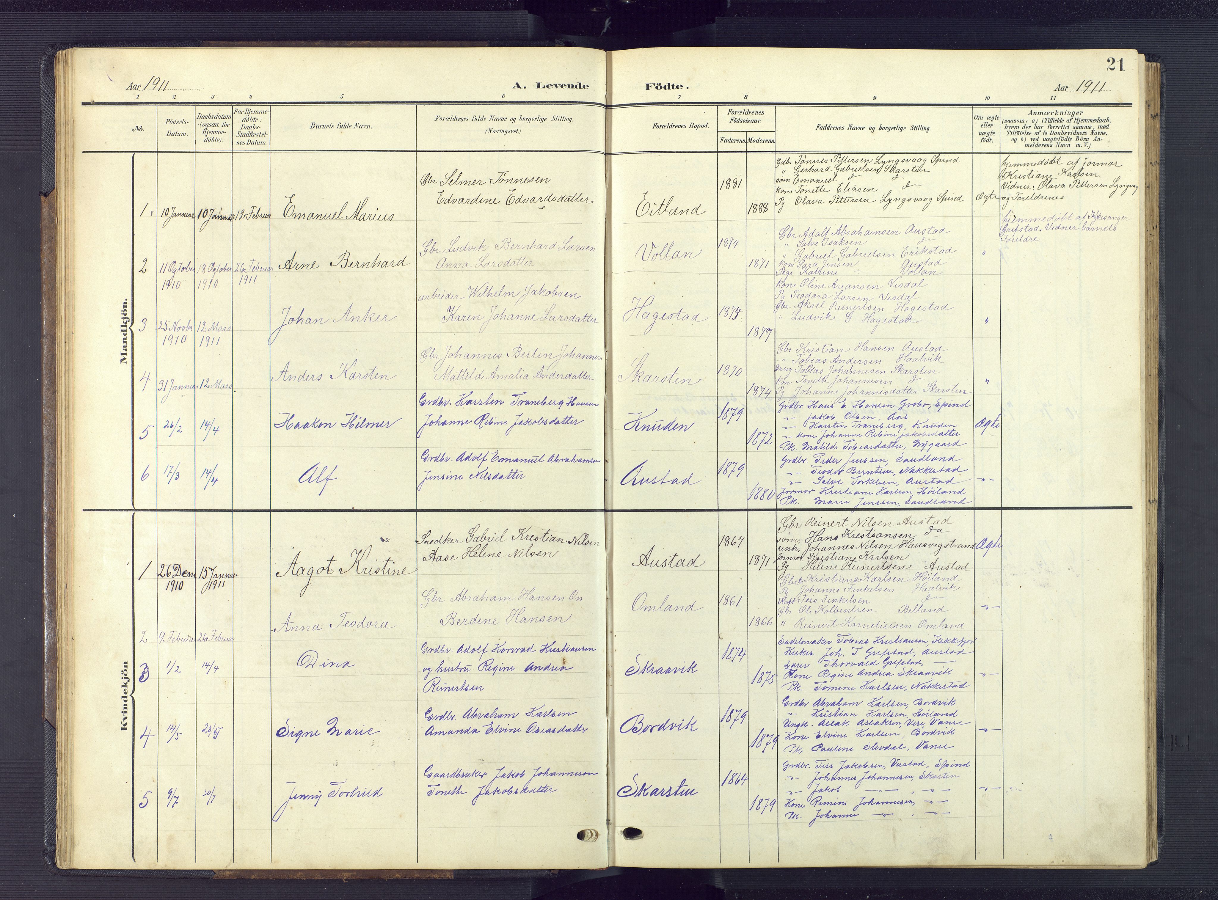 Lyngdal sokneprestkontor, AV/SAK-1111-0029/F/Fb/Fba/L0004: Parish register (copy) no. B 4, 1904-1950, p. 21