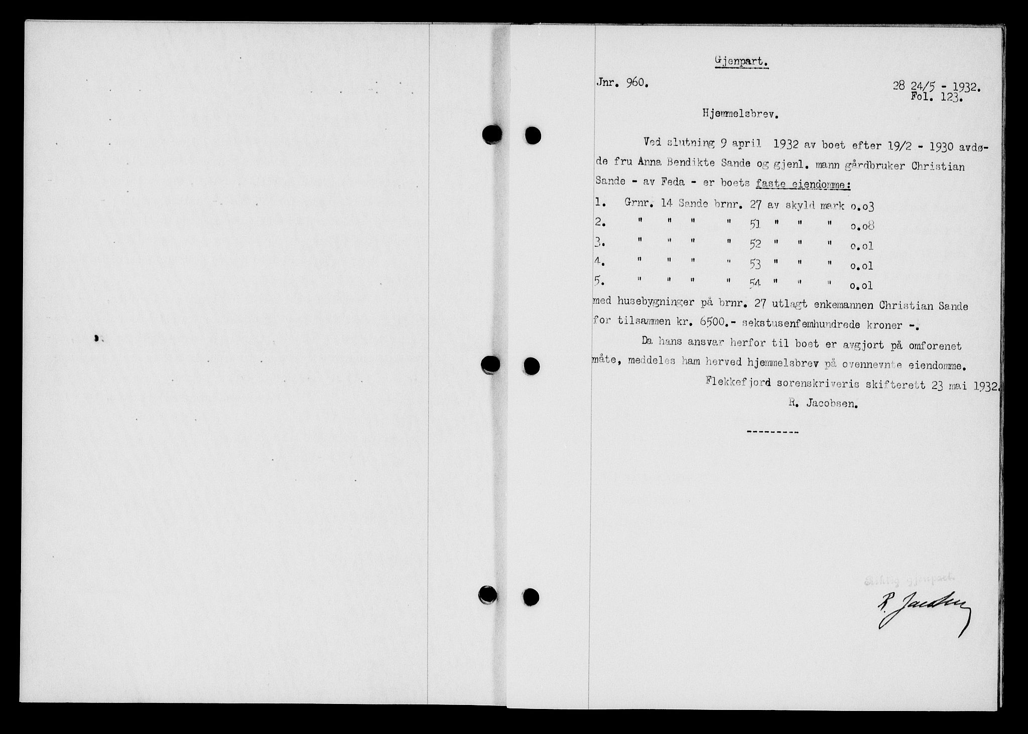 Flekkefjord sorenskriveri, AV/SAK-1221-0001/G/Gb/Gba/L0047: Mortgage book no. 45, 1931-1932, Deed date: 24.05.1932