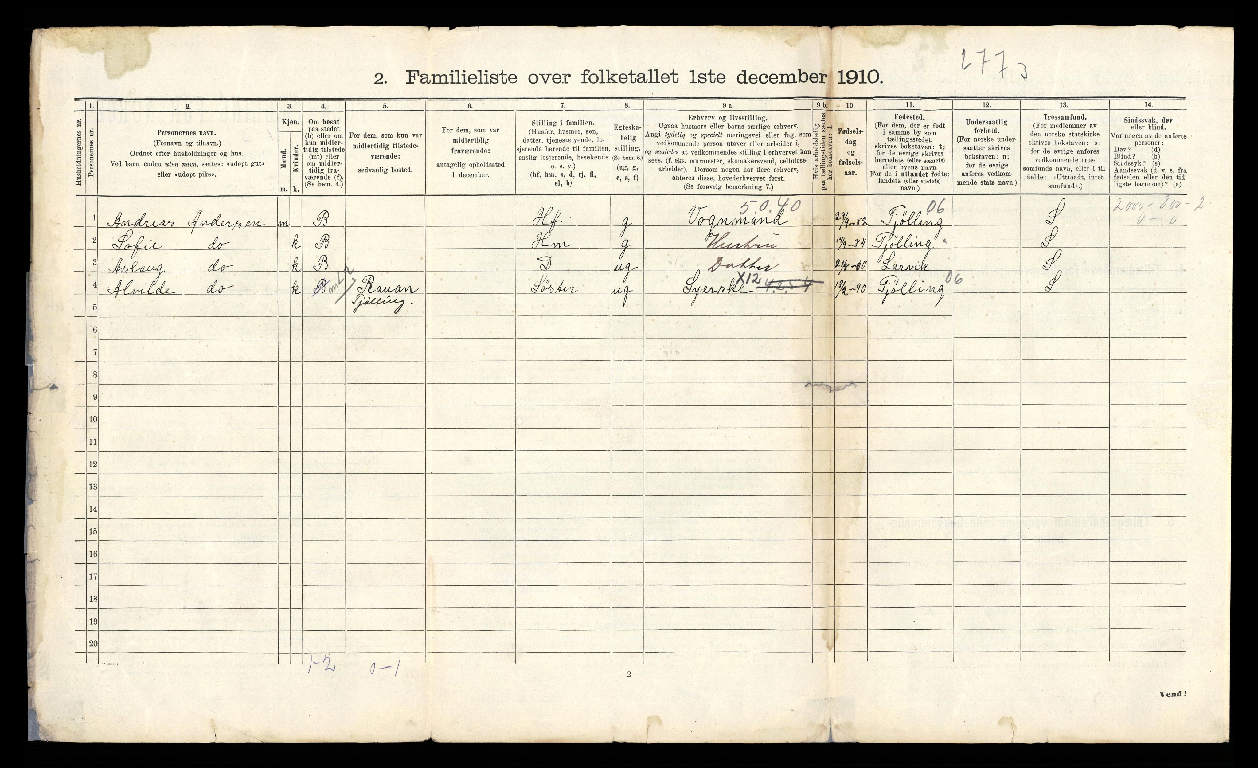 RA, 1910 census for Larvik, 1910, p. 82