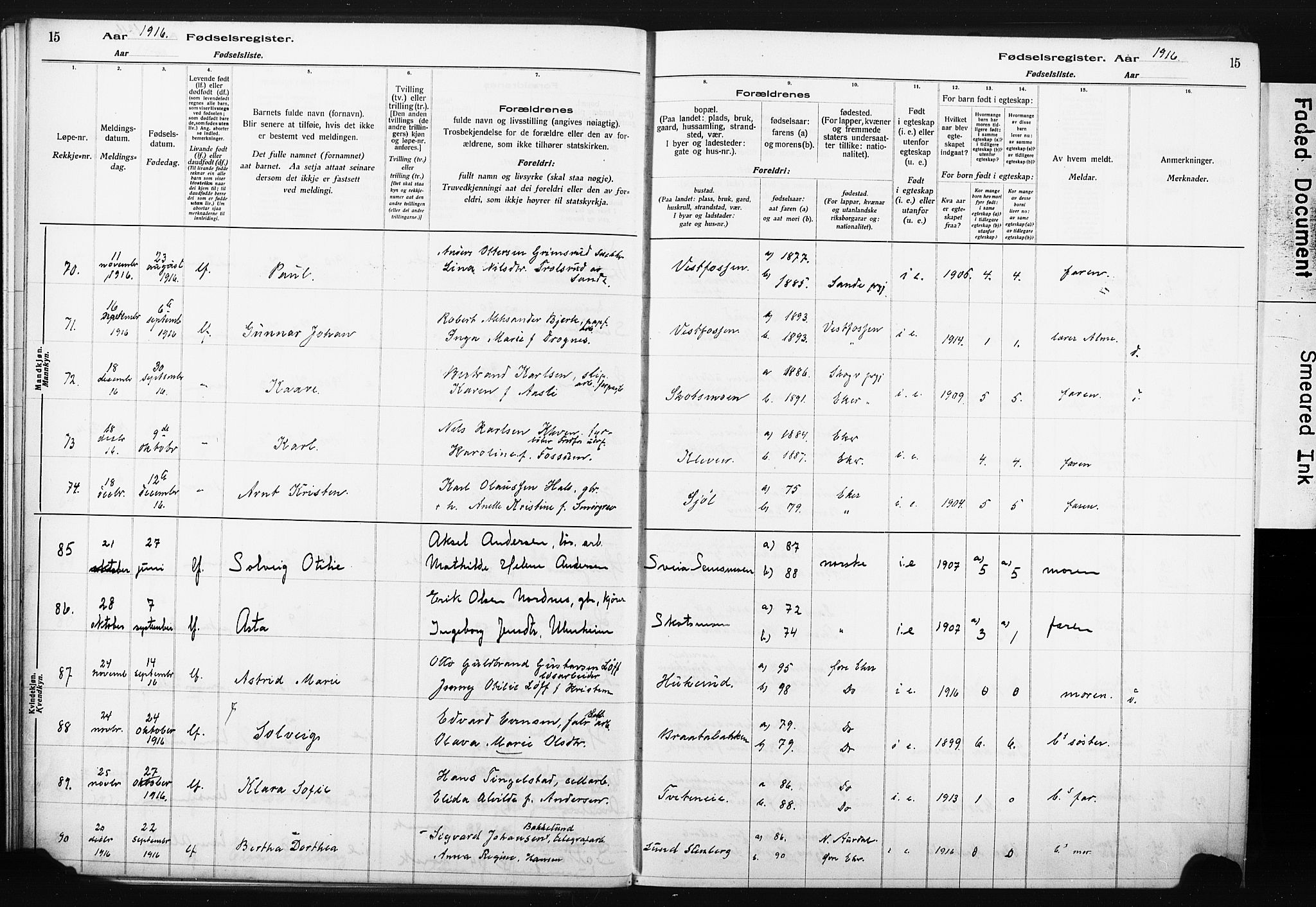 Eiker kirkebøker, AV/SAKO-A-4/J/Ja/L0001: Birth register no. I 1, 1916-1927, p. 15