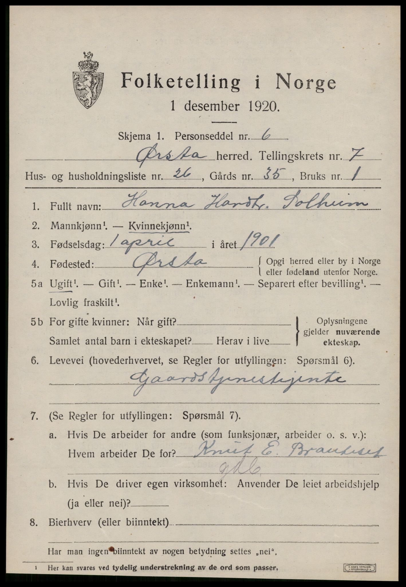 SAT, 1920 census for Ørsta, 1920, p. 5726