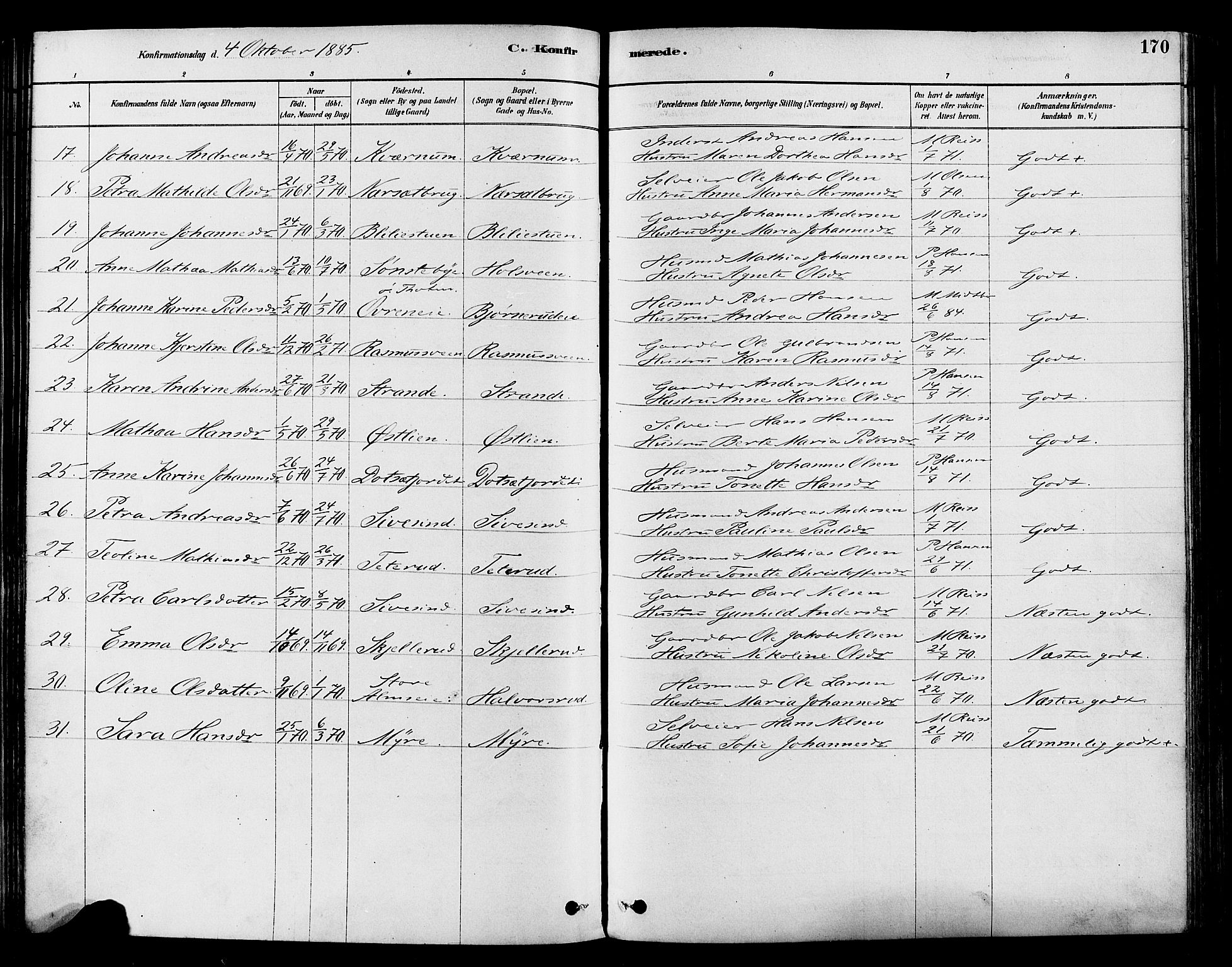 Vestre Toten prestekontor, SAH/PREST-108/H/Ha/Haa/L0009: Parish register (official) no. 9, 1878-1894, p. 170
