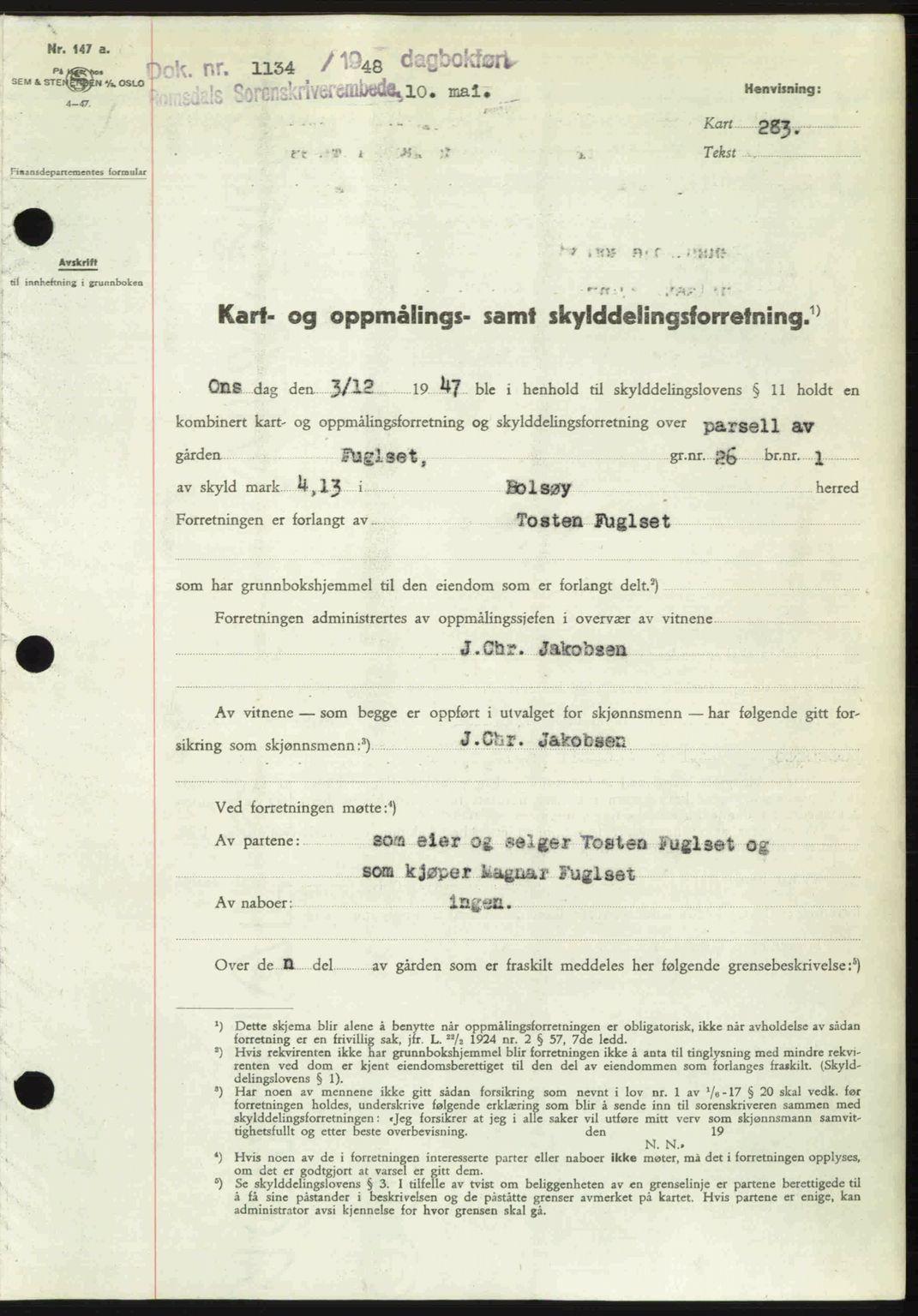 Romsdal sorenskriveri, AV/SAT-A-4149/1/2/2C: Mortgage book no. A26, 1948-1948, Diary no: : 1134/1948