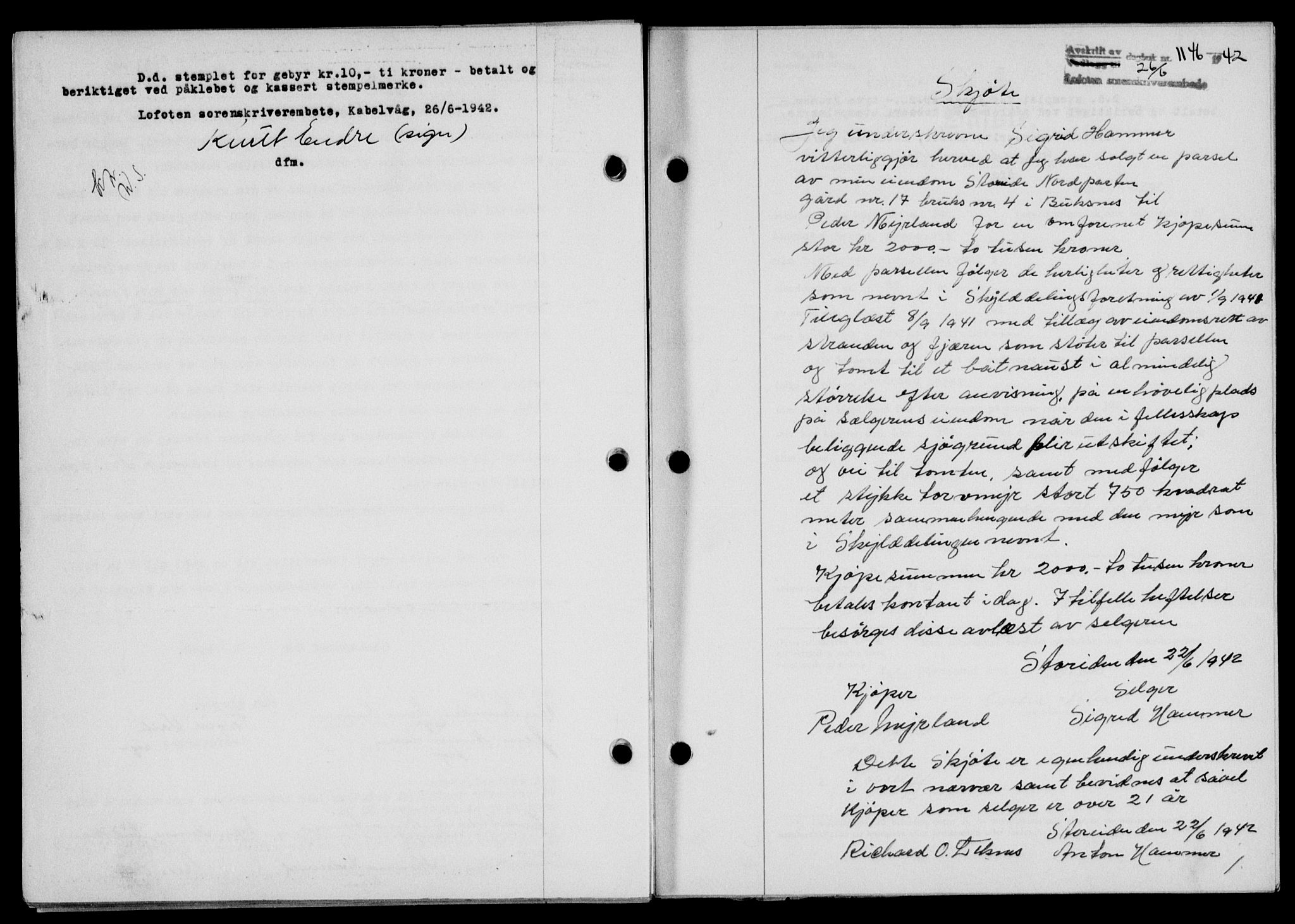 Lofoten sorenskriveri, SAT/A-0017/1/2/2C/L0010a: Mortgage book no. 10a, 1942-1943, Diary no: : 1146/1942