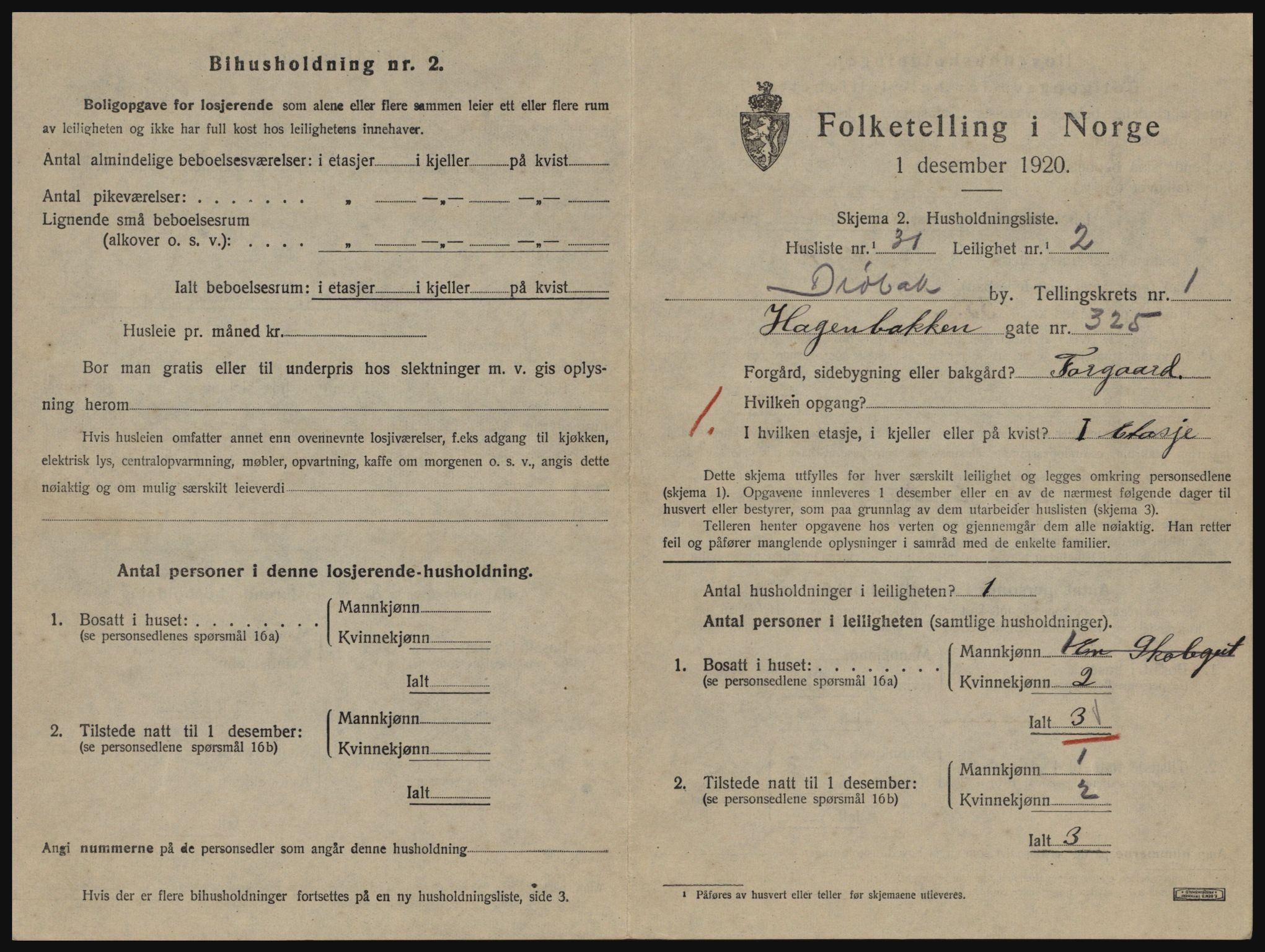 SAO, 1920 census for Drøbak, 1920, p. 837