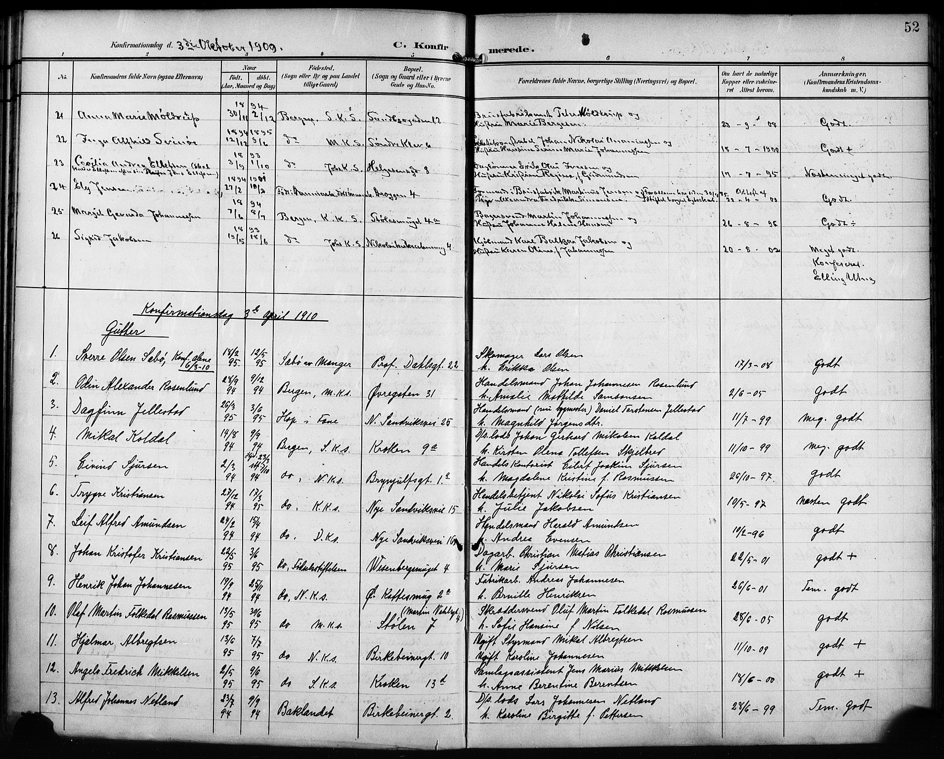 Mariakirken Sokneprestembete, SAB/A-76901/H/Hab/L0009: Parish register (copy) no. A 9, 1901-1919, p. 52