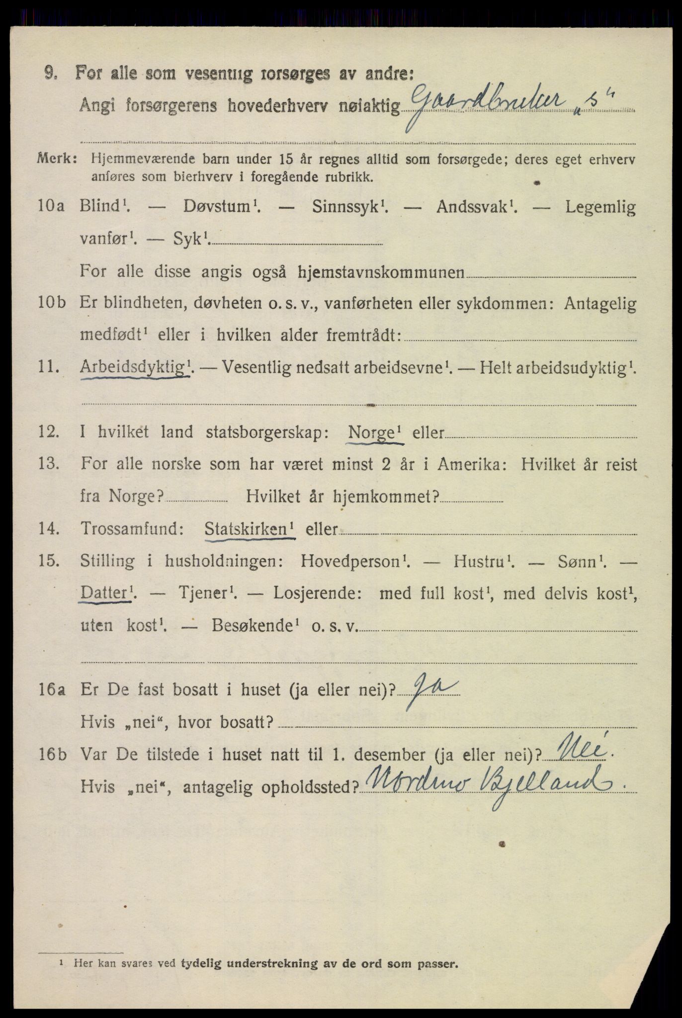 SAK, 1920 census for Bjelland, 1920, p. 1802