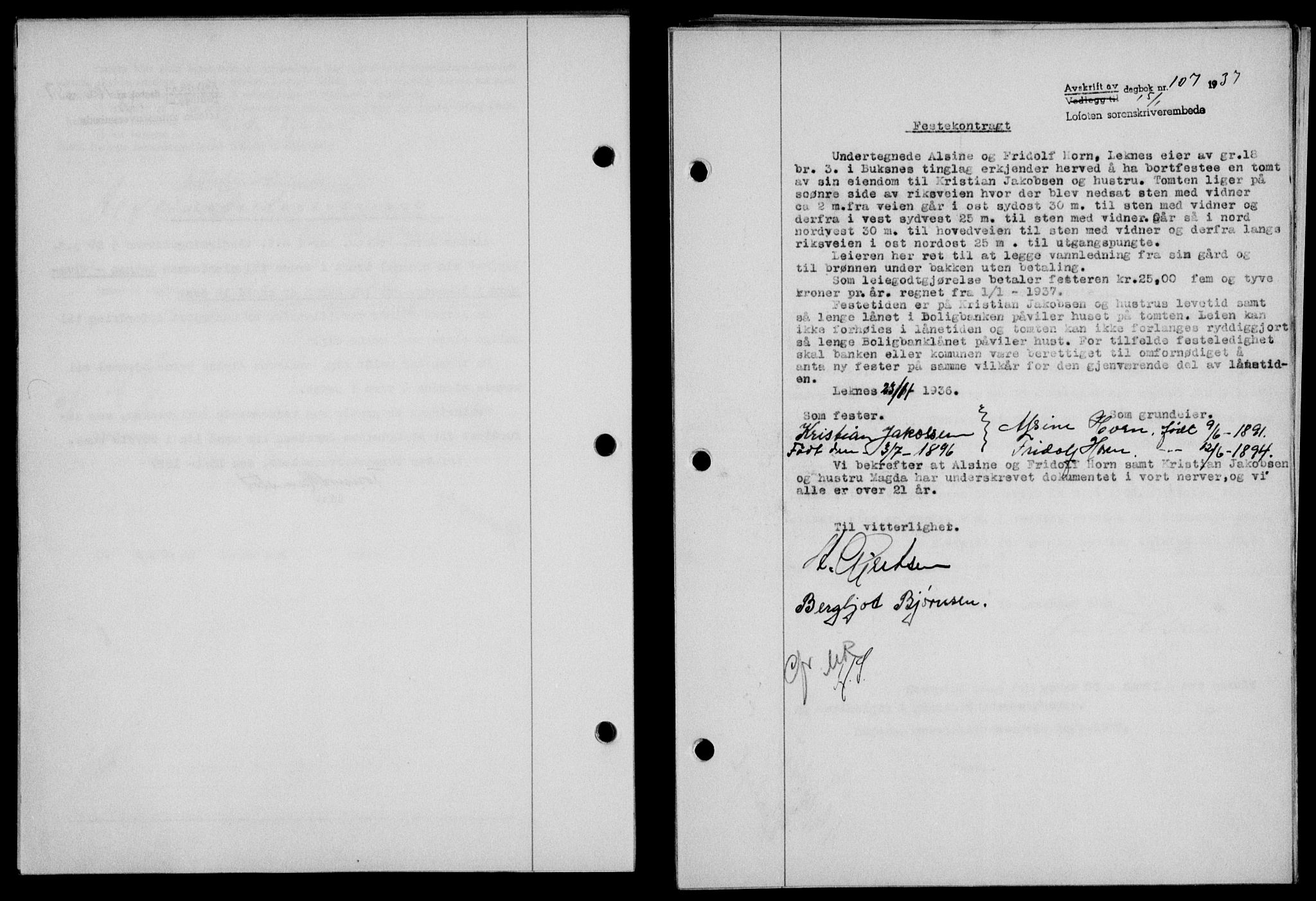 Lofoten sorenskriveri, SAT/A-0017/1/2/2C/L0001a: Mortgage book no. 1a, 1936-1937, Diary no: : 107/1937
