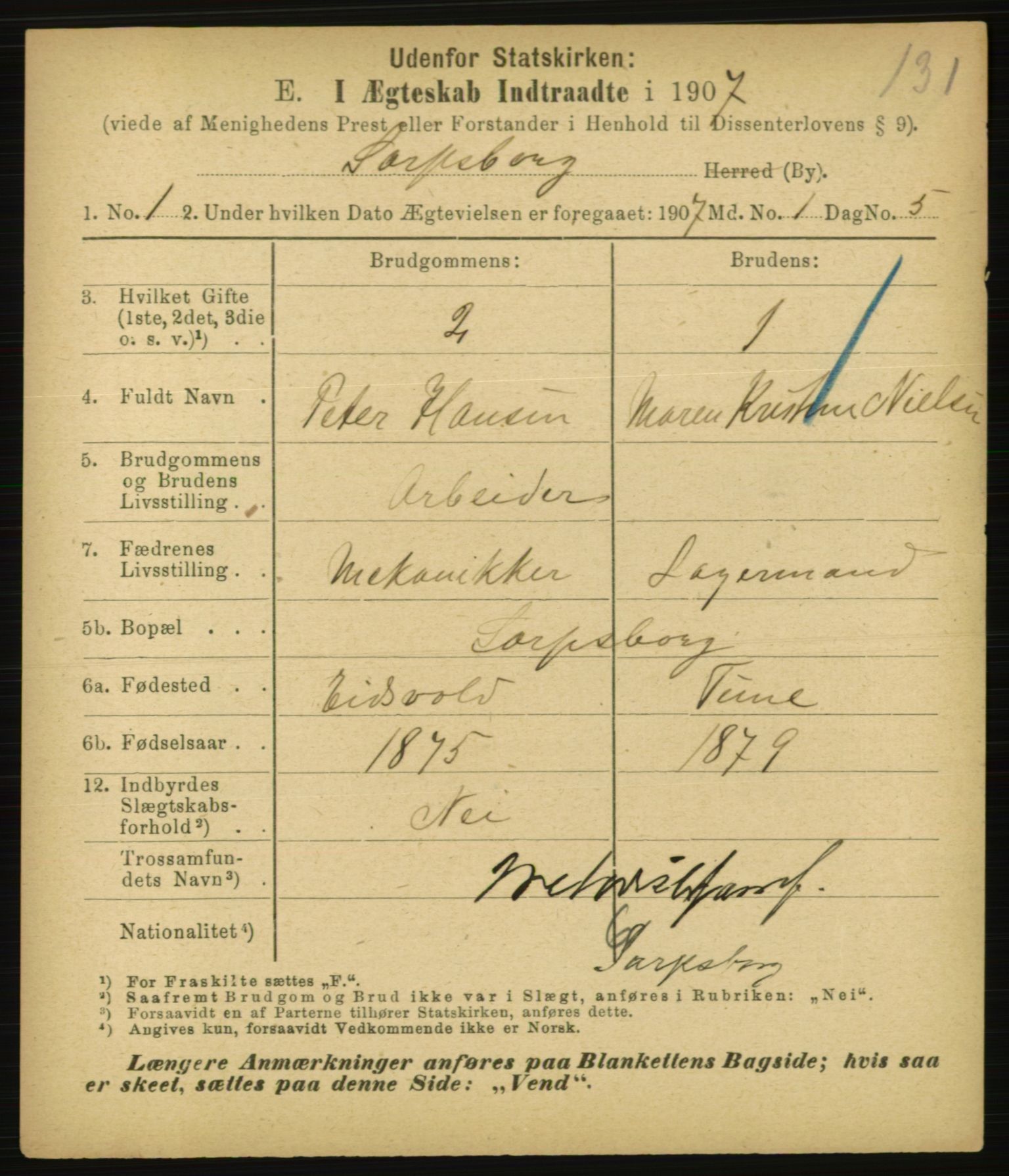 Statistisk sentralbyrå, Sosiodemografiske emner, Befolkning, AV/RA-S-2228/E/L0005: Fødte, gifte, døde dissentere., 1907, p. 1717