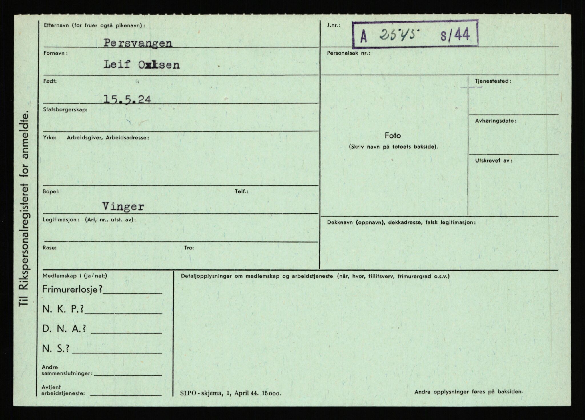 Statspolitiet - Hovedkontoret / Osloavdelingen, AV/RA-S-1329/C/Ca/L0012: Oanæs - Quistgaard	, 1943-1945, p. 3907