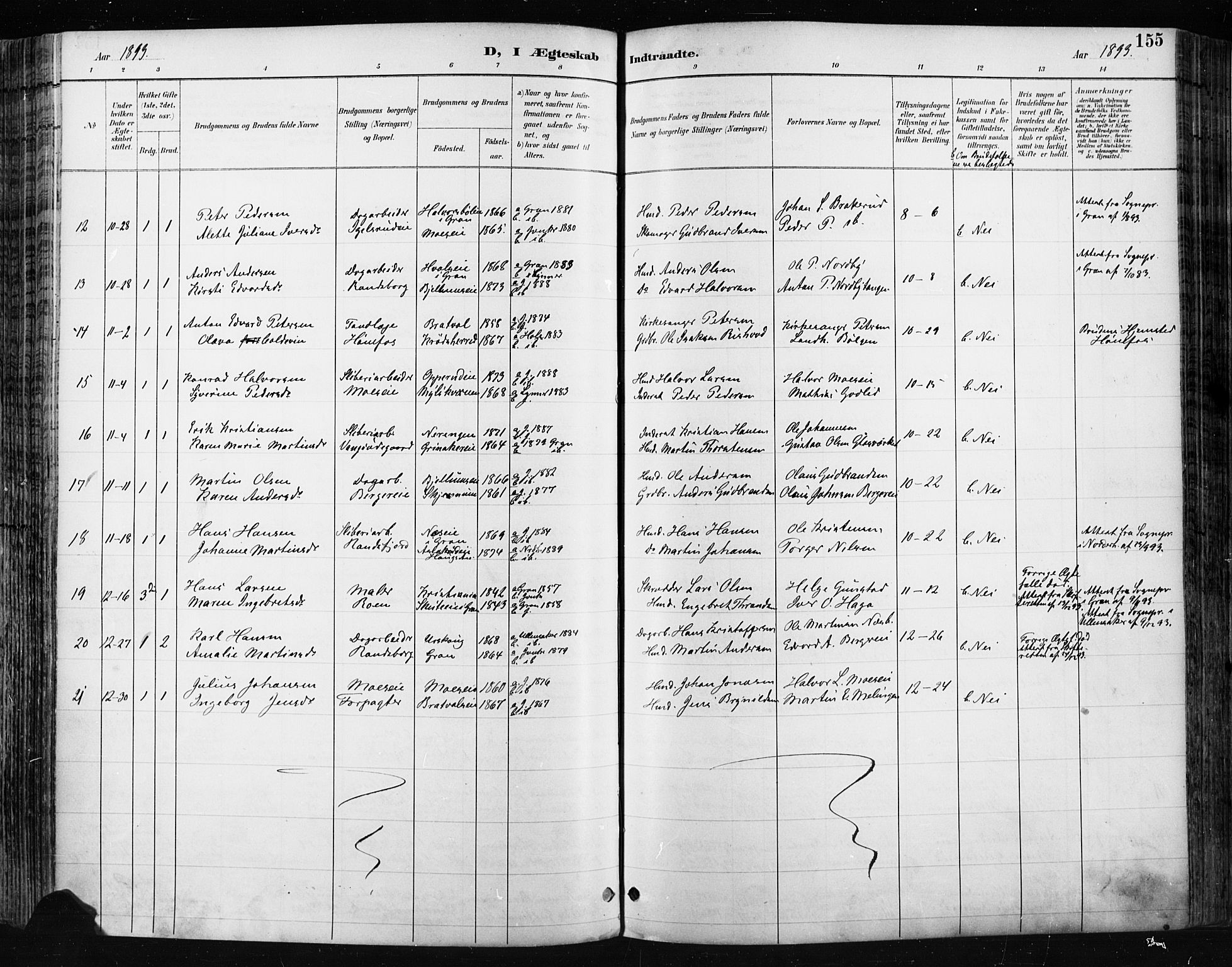 Jevnaker prestekontor, SAH/PREST-116/H/Ha/Haa/L0009: Parish register (official) no. 9, 1891-1901, p. 155