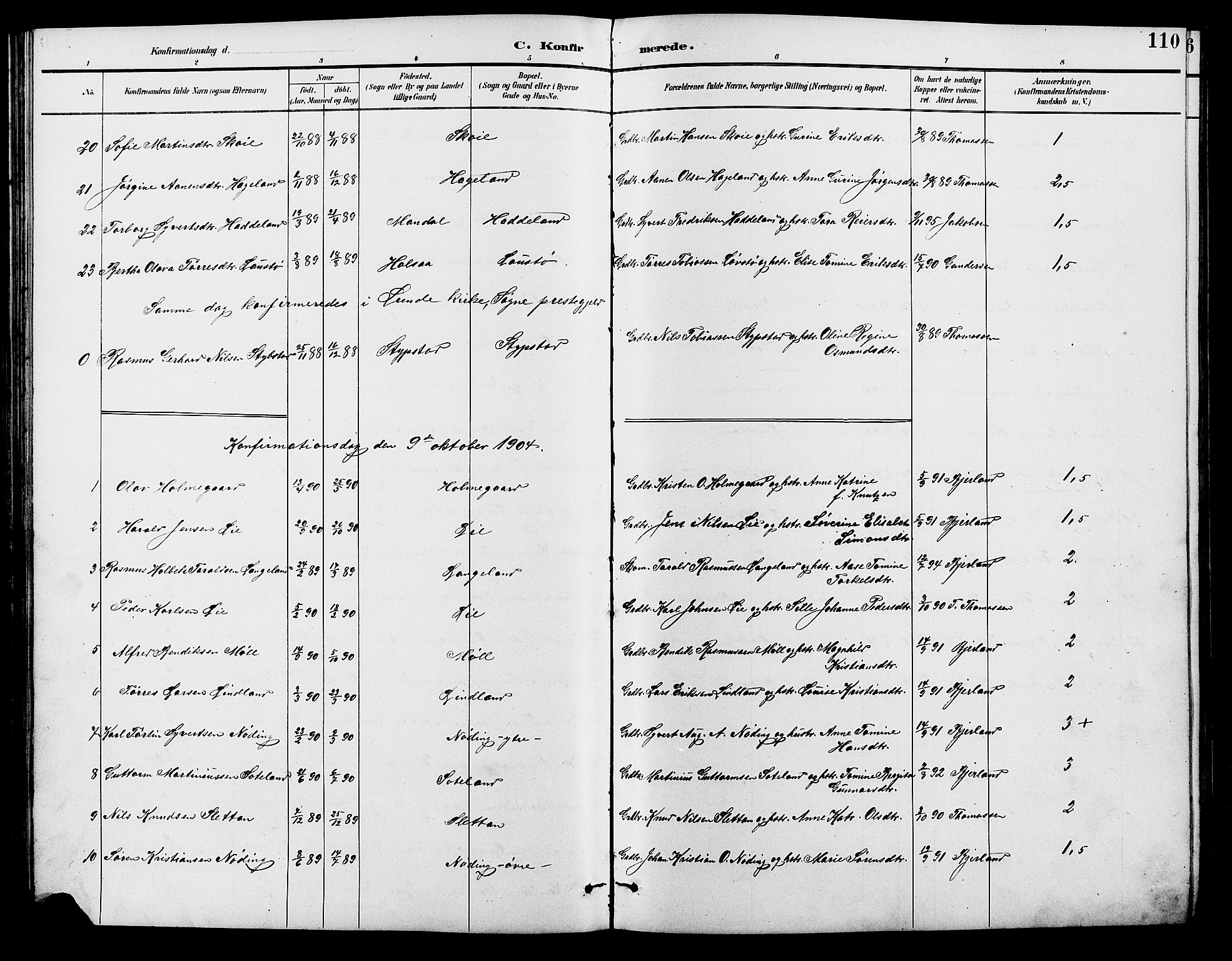 Holum sokneprestkontor, SAK/1111-0022/F/Fb/Fba/L0005: Parish register (copy) no. B 5, 1891-1909, p. 110