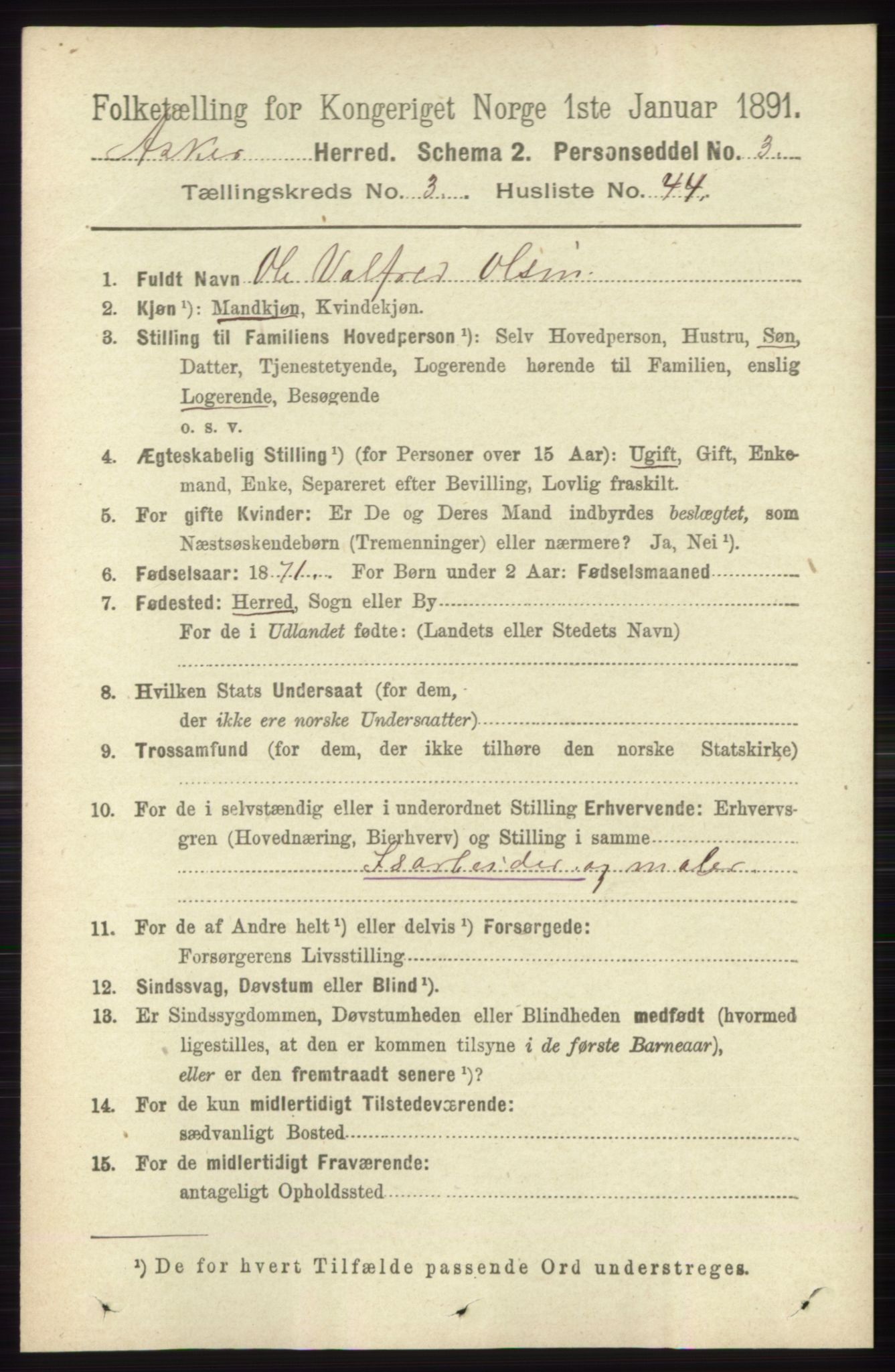 RA, 1891 census for 0220 Asker, 1891, p. 2216