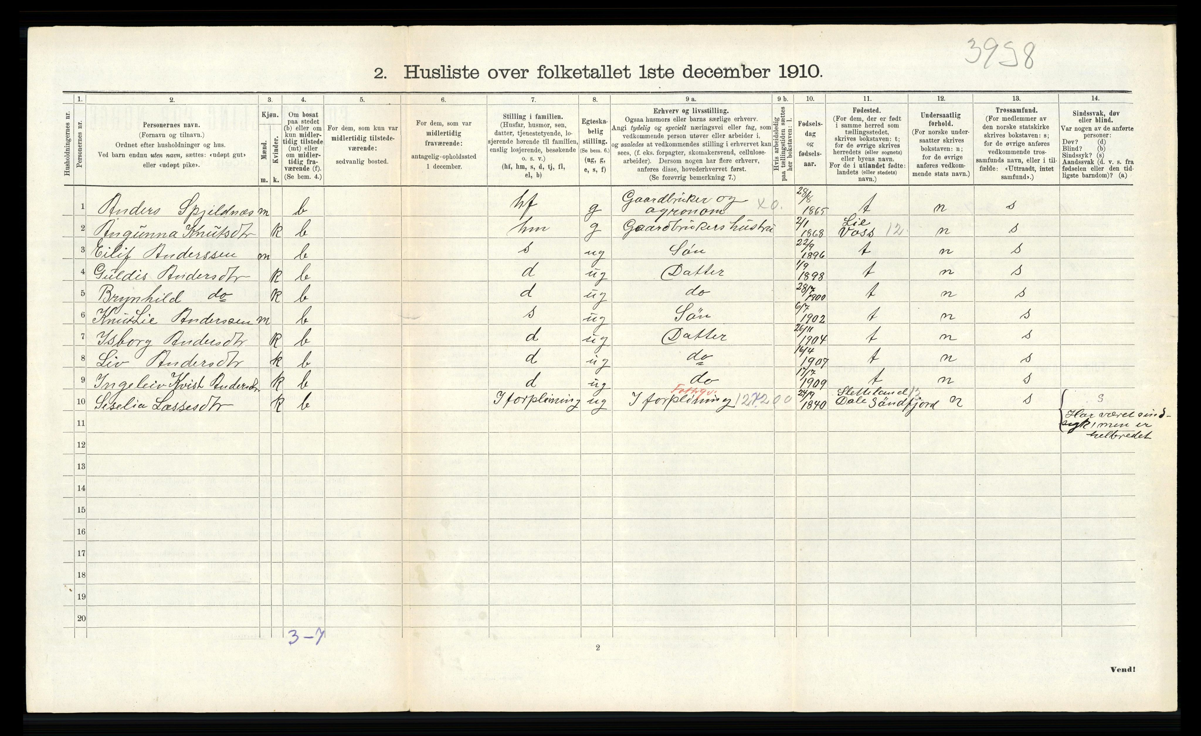 RA, 1910 census for Lindås, 1910, p. 293