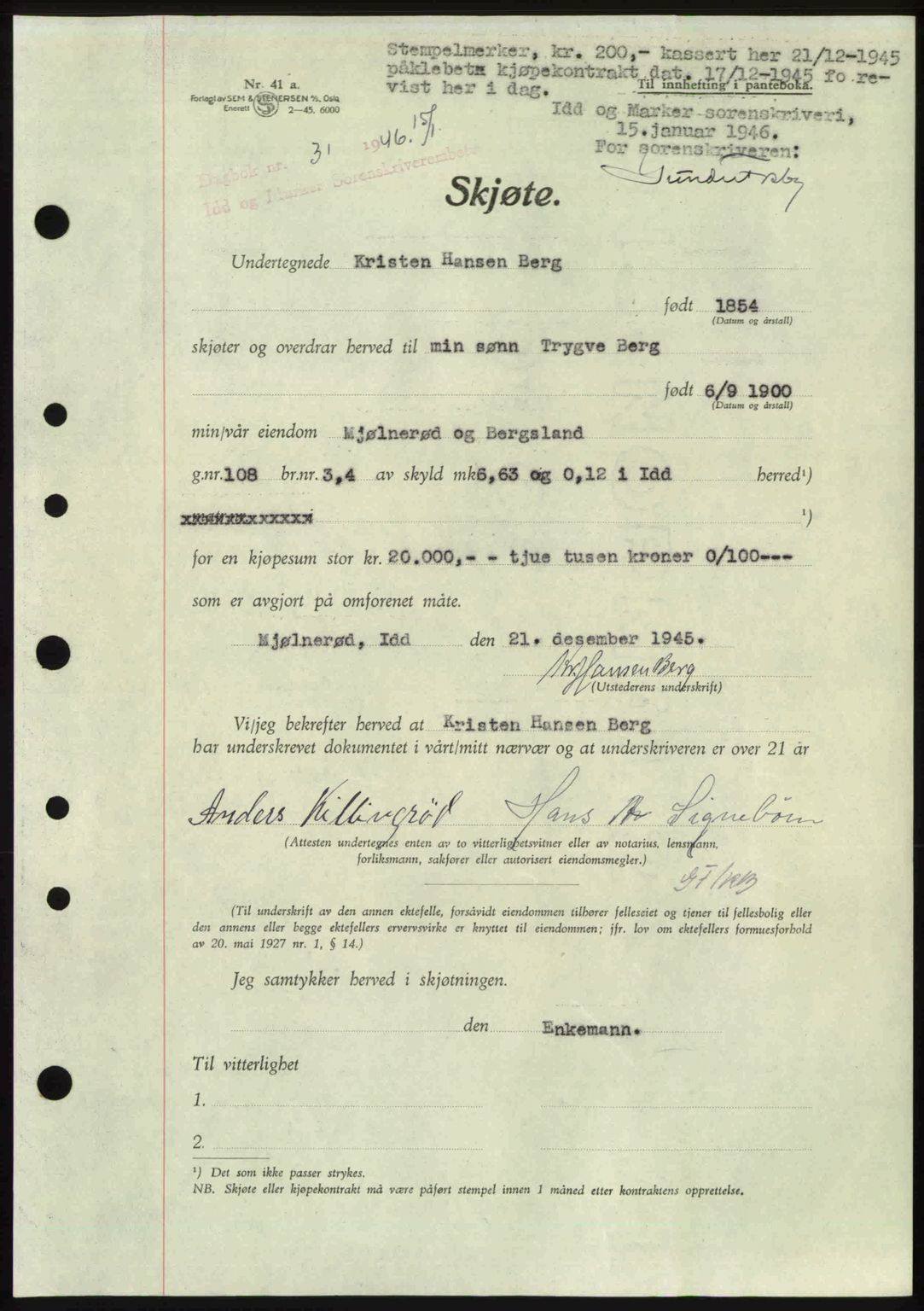 Idd og Marker sorenskriveri, AV/SAO-A-10283/G/Gb/Gbb/L0008: Mortgage book no. A8, 1946-1946, Diary no: : 31/1946