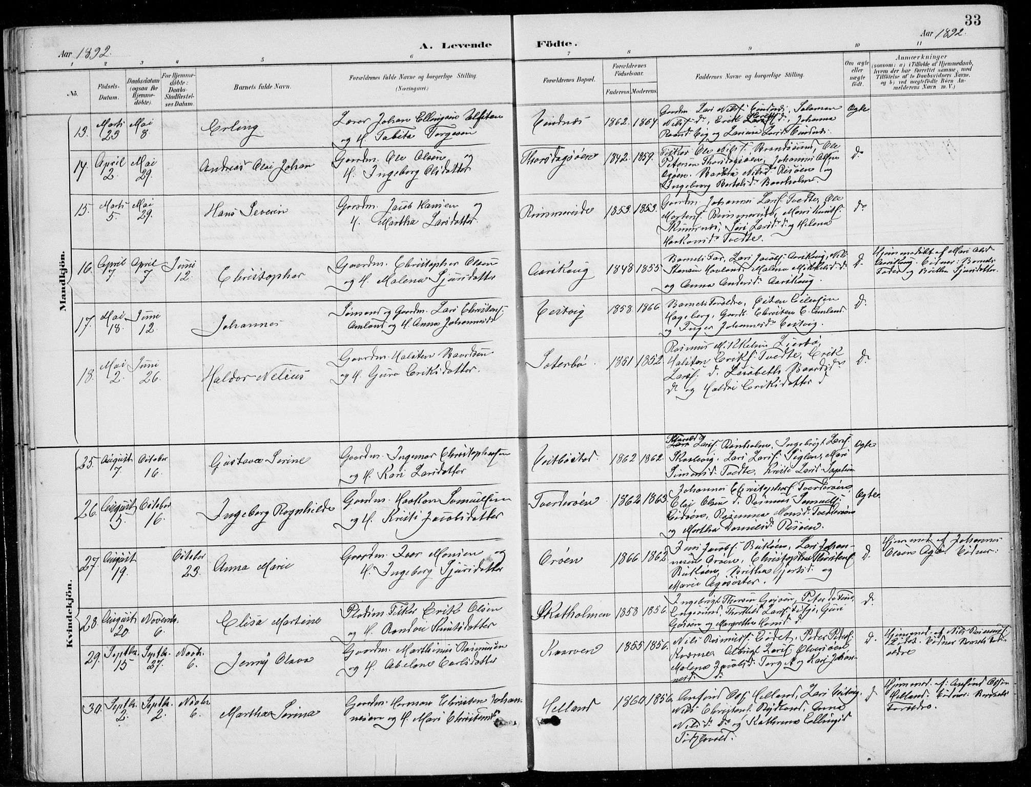 Fitjar sokneprestembete, AV/SAB-A-99926: Parish register (copy) no. A 2, 1887-1906, p. 33