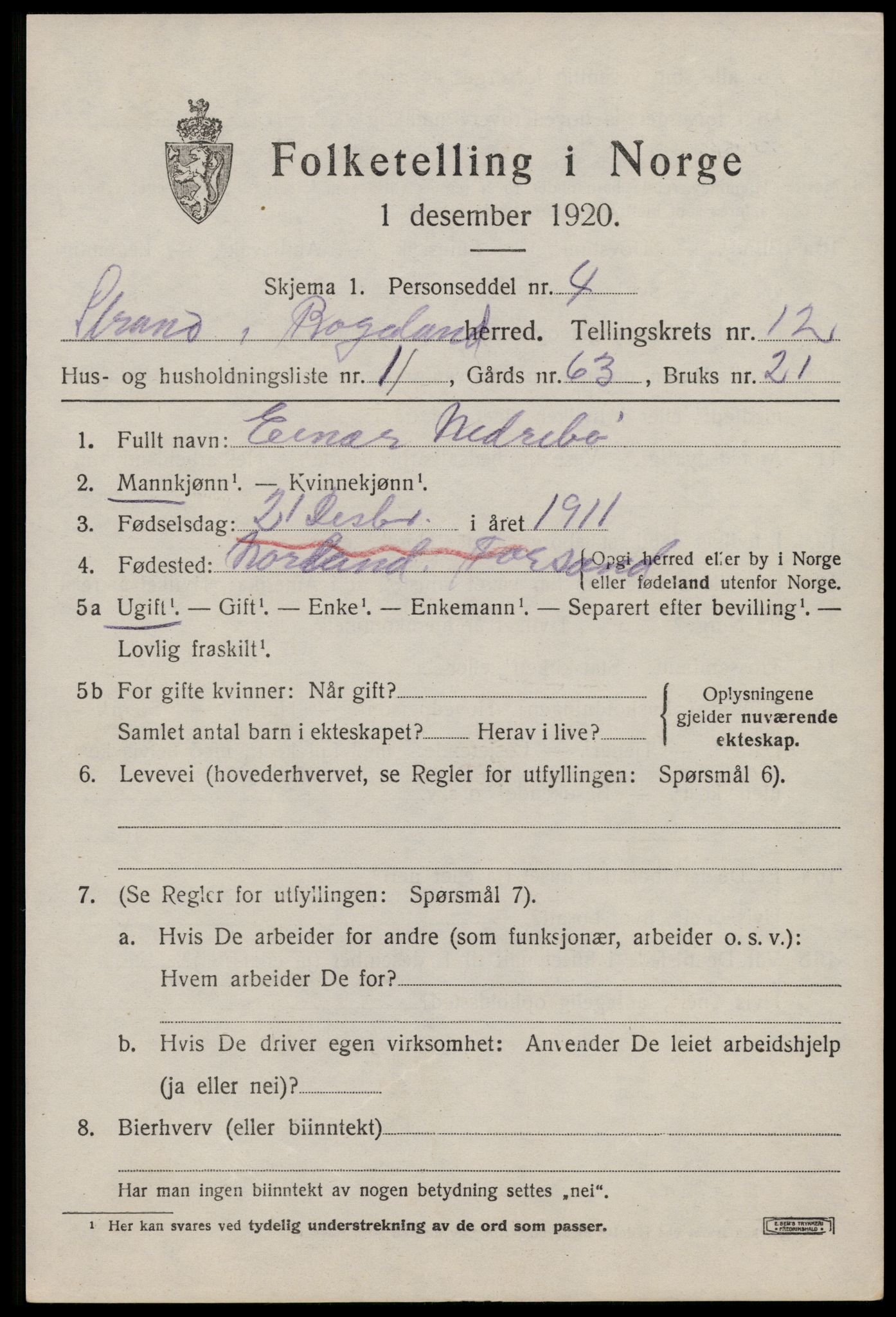 SAST, 1920 census for Strand, 1920, p. 7181