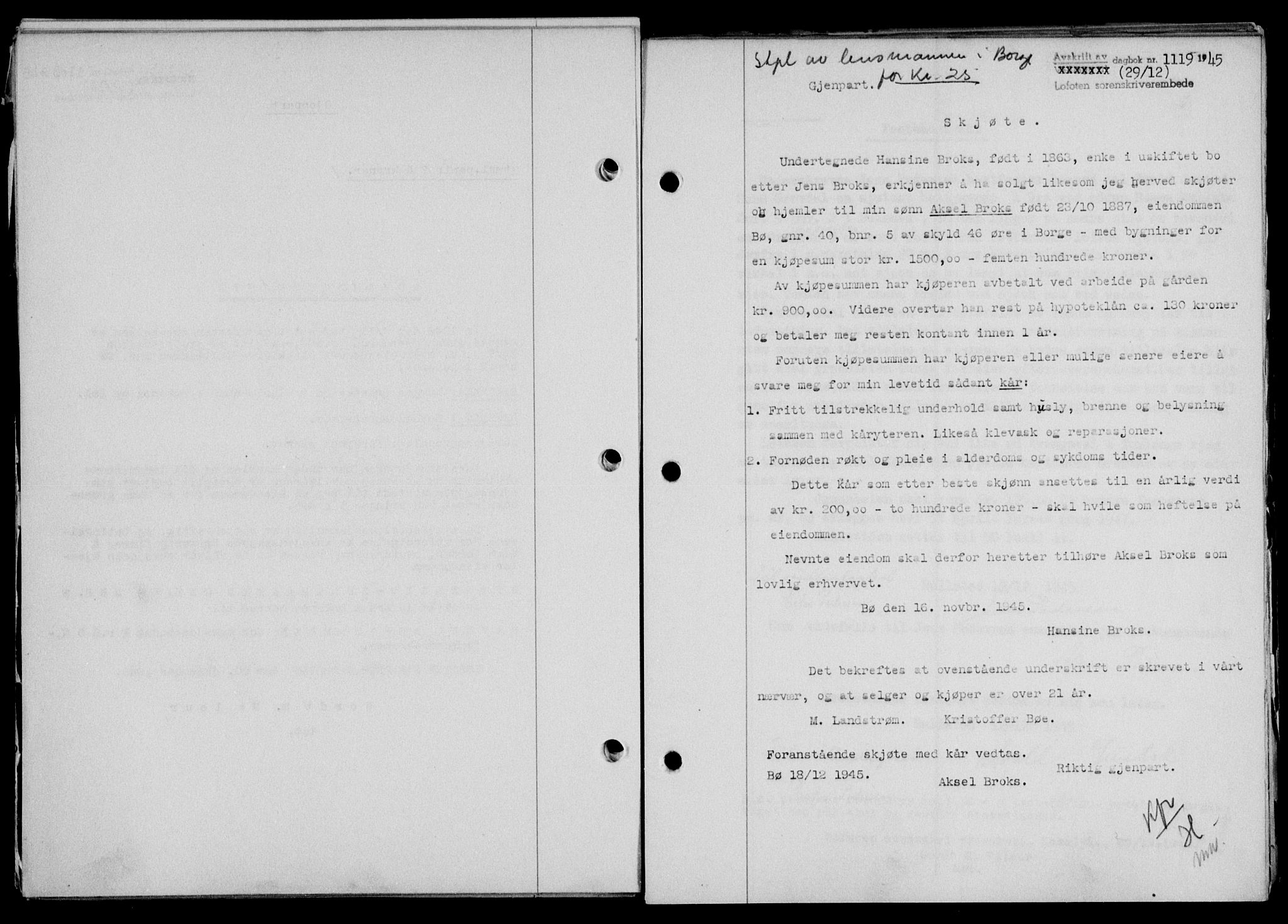Lofoten sorenskriveri, SAT/A-0017/1/2/2C/L0013a: Mortgage book no. 13a, 1944-1946, Diary no: : 1119/1945