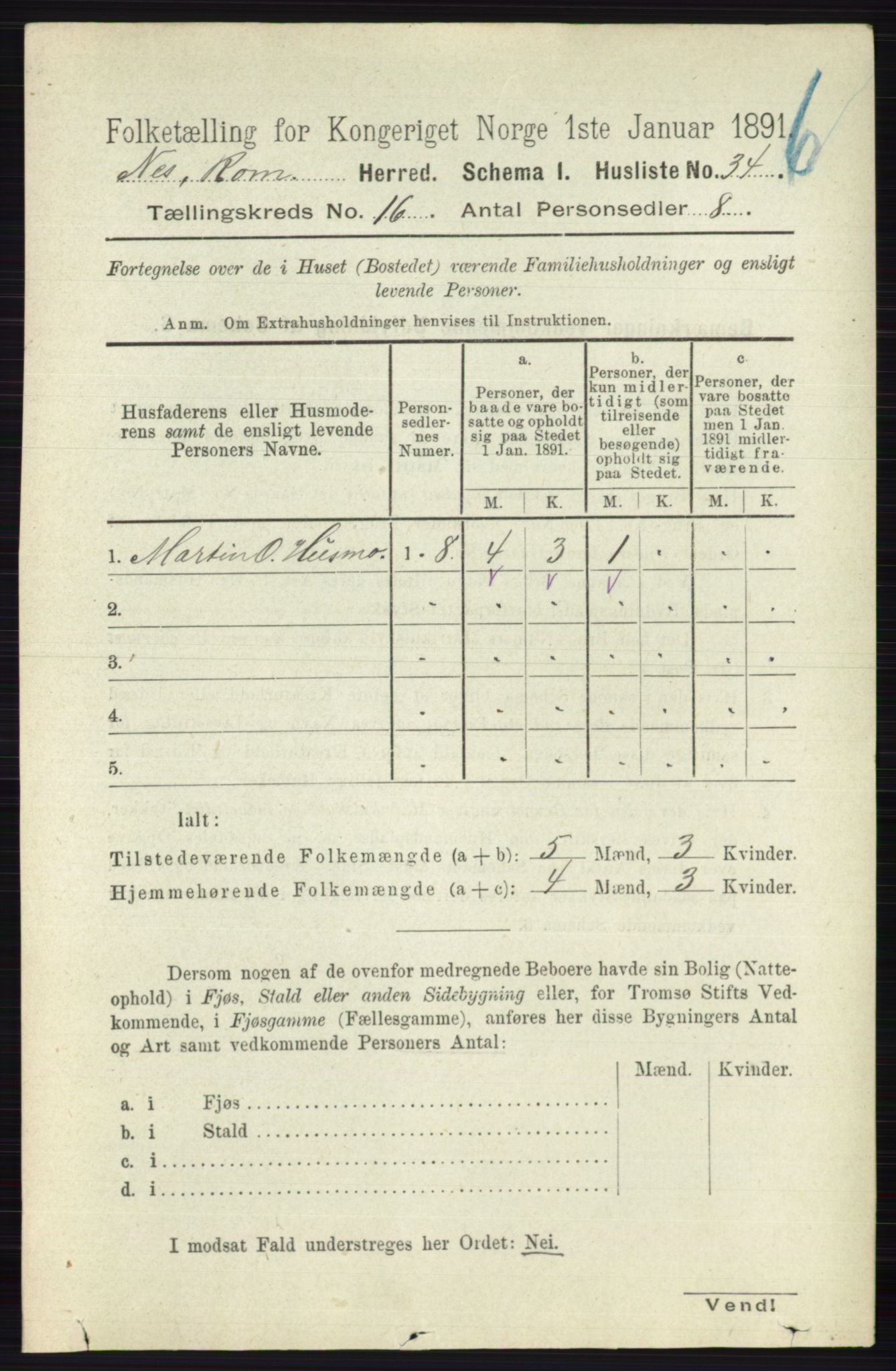 RA, 1891 census for 0236 Nes, 1891, p. 9532