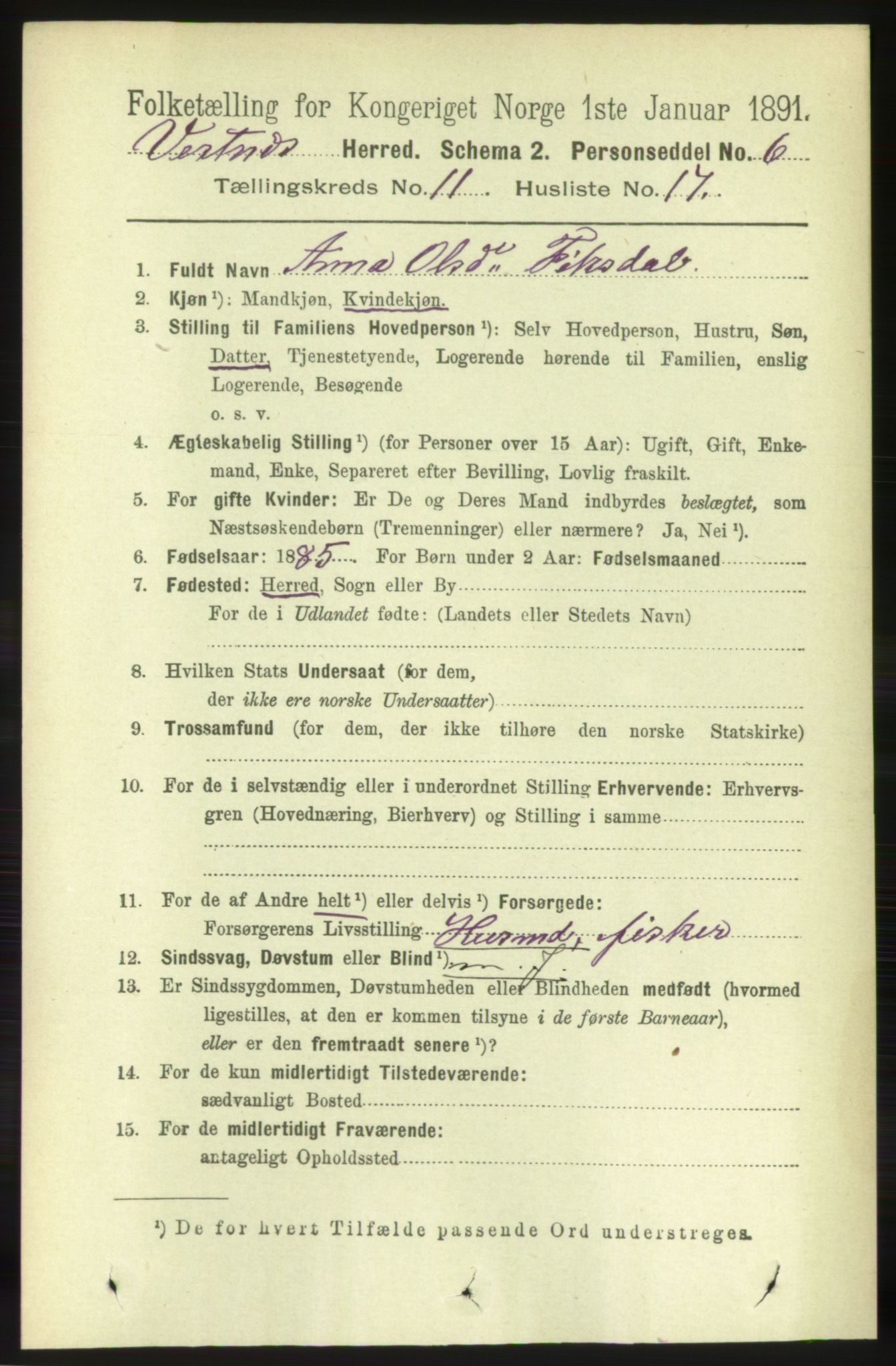 RA, 1891 census for 1535 Vestnes, 1891, p. 4022