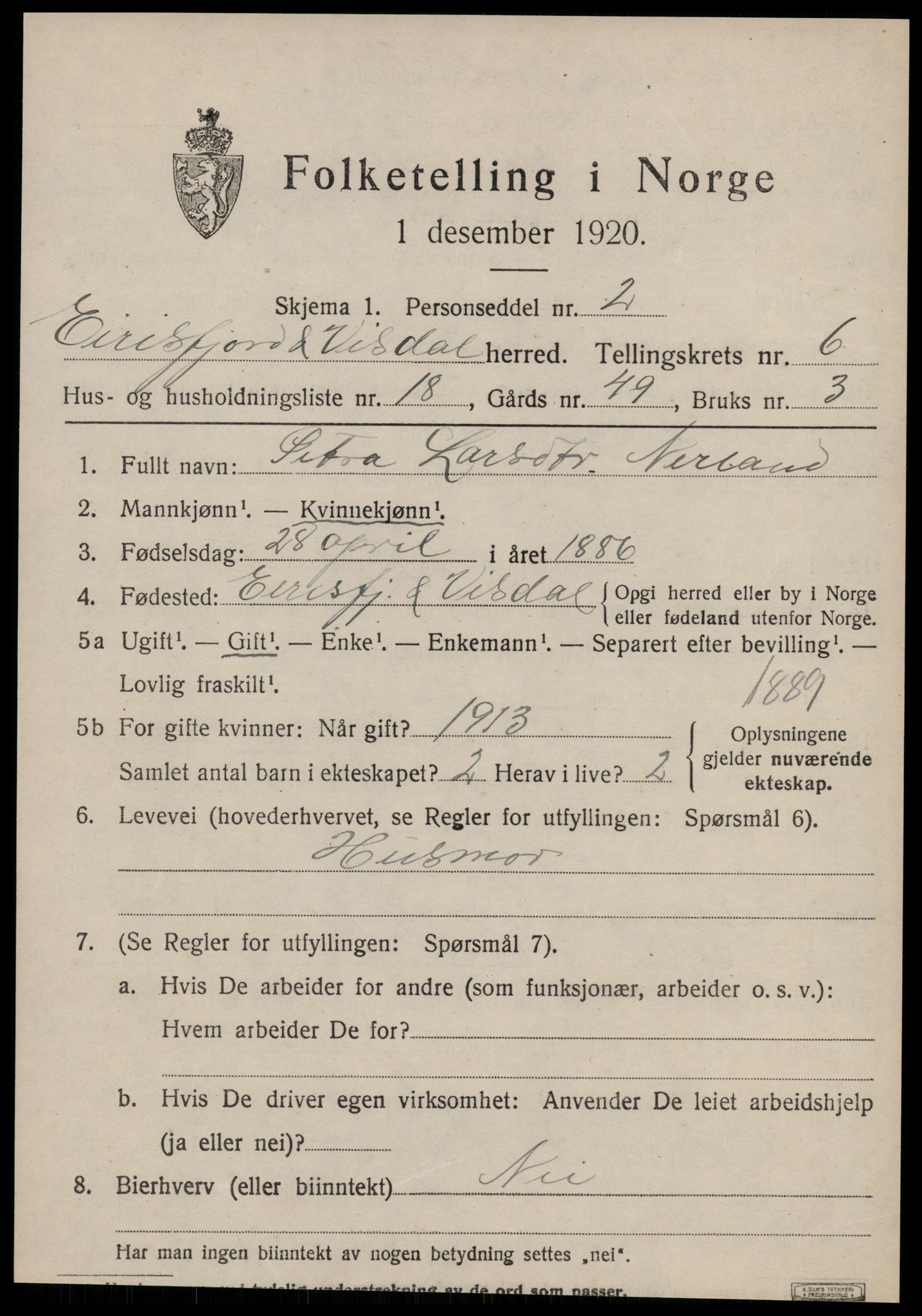 SAT, 1920 census for Eresfjord og Vistdal, 1920, p. 3603