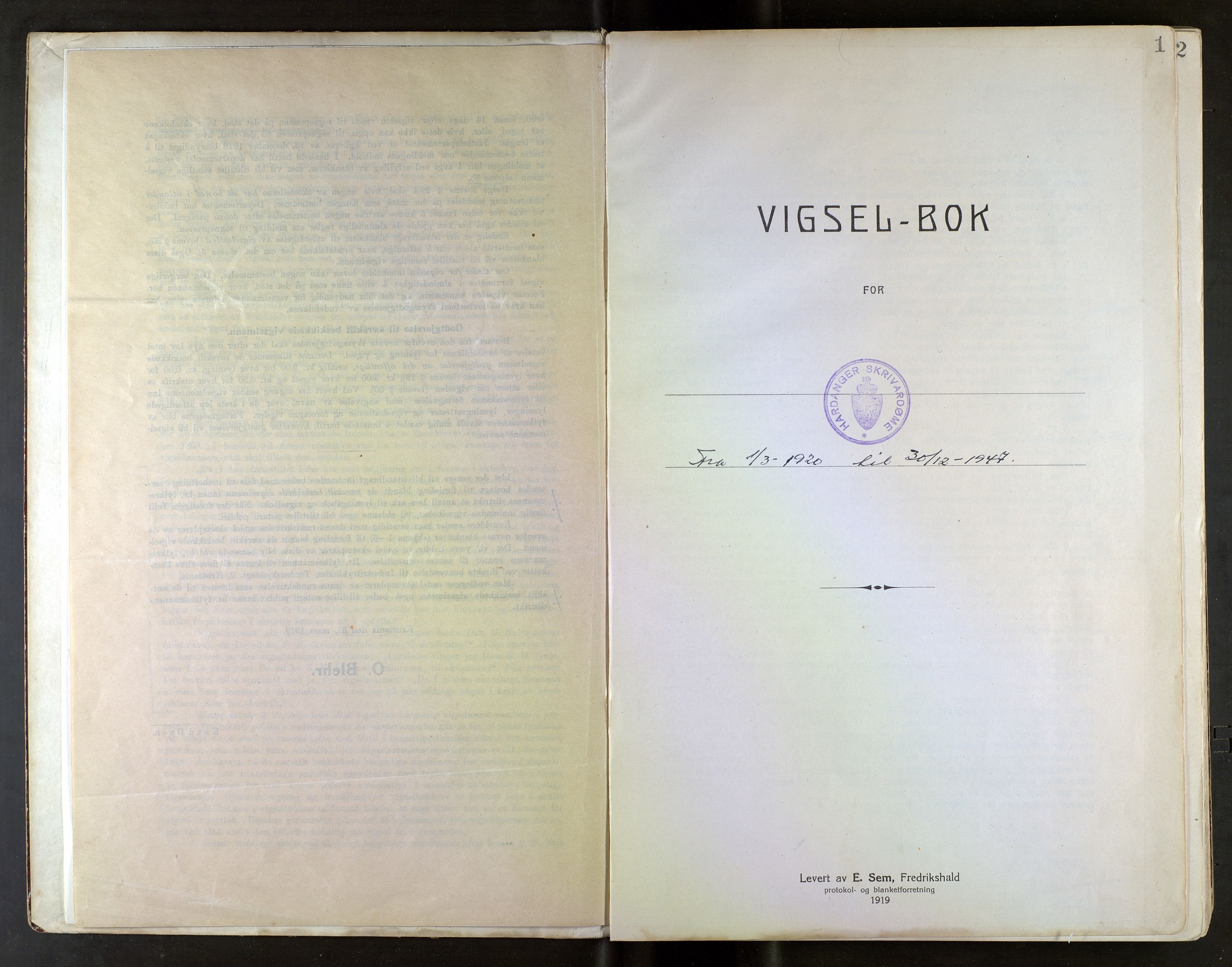 Hardanger sorenskriver, AV/SAB-A-2101/M/Mb/L0001: Vigselsbok, 1920-1947, p. 1